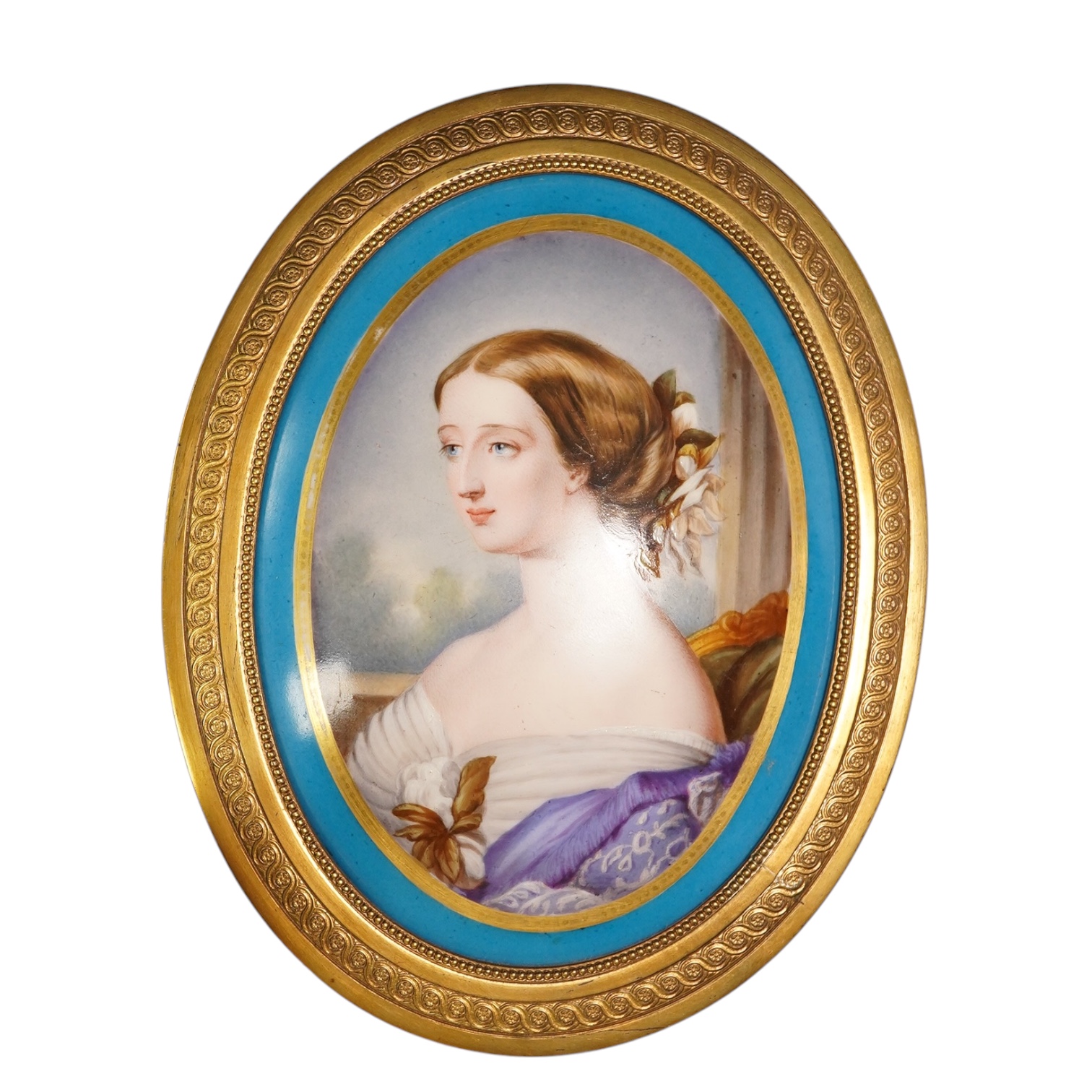 A 19th century Sevres style ormolu mounted porcelain plaque, portrait of a lady, 17cm high. Condition - good                                                                                                                