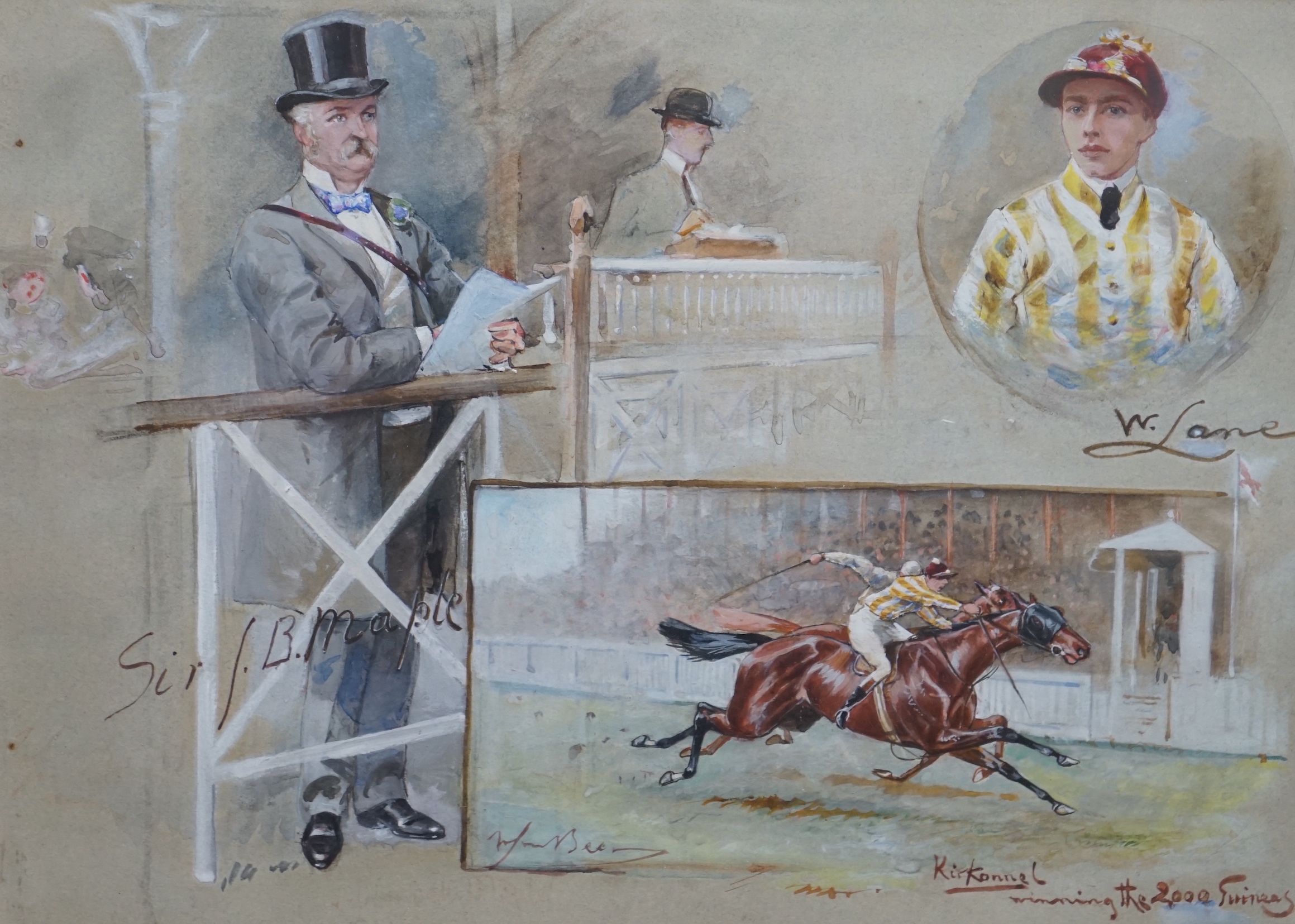 John Beer (British 1860/1930), watercolour, 'Kirkconnel winning the 2000 Guineas” with studies of the owner Sir J B Maple and the jockey W Lane, 36 x 26cm                                                                  