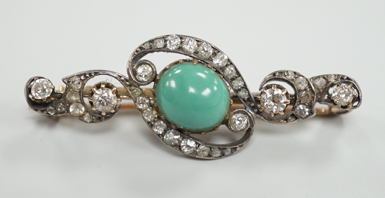 A Victorian yellow metal, turquoise and diamond cluster set bar brooch, 40mm, gross weight , 4.9 grams.                                                                                                                     