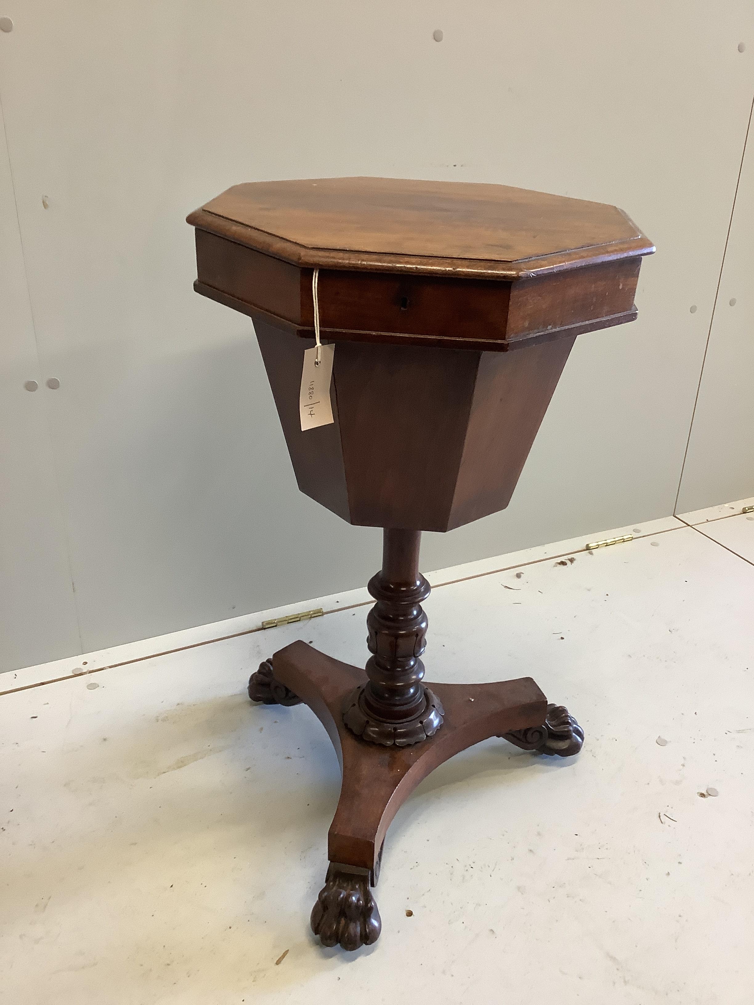 An early Victorian octagonal mahogany trumpet work table, width 42cm, height 74cm                                                                                                                                           
