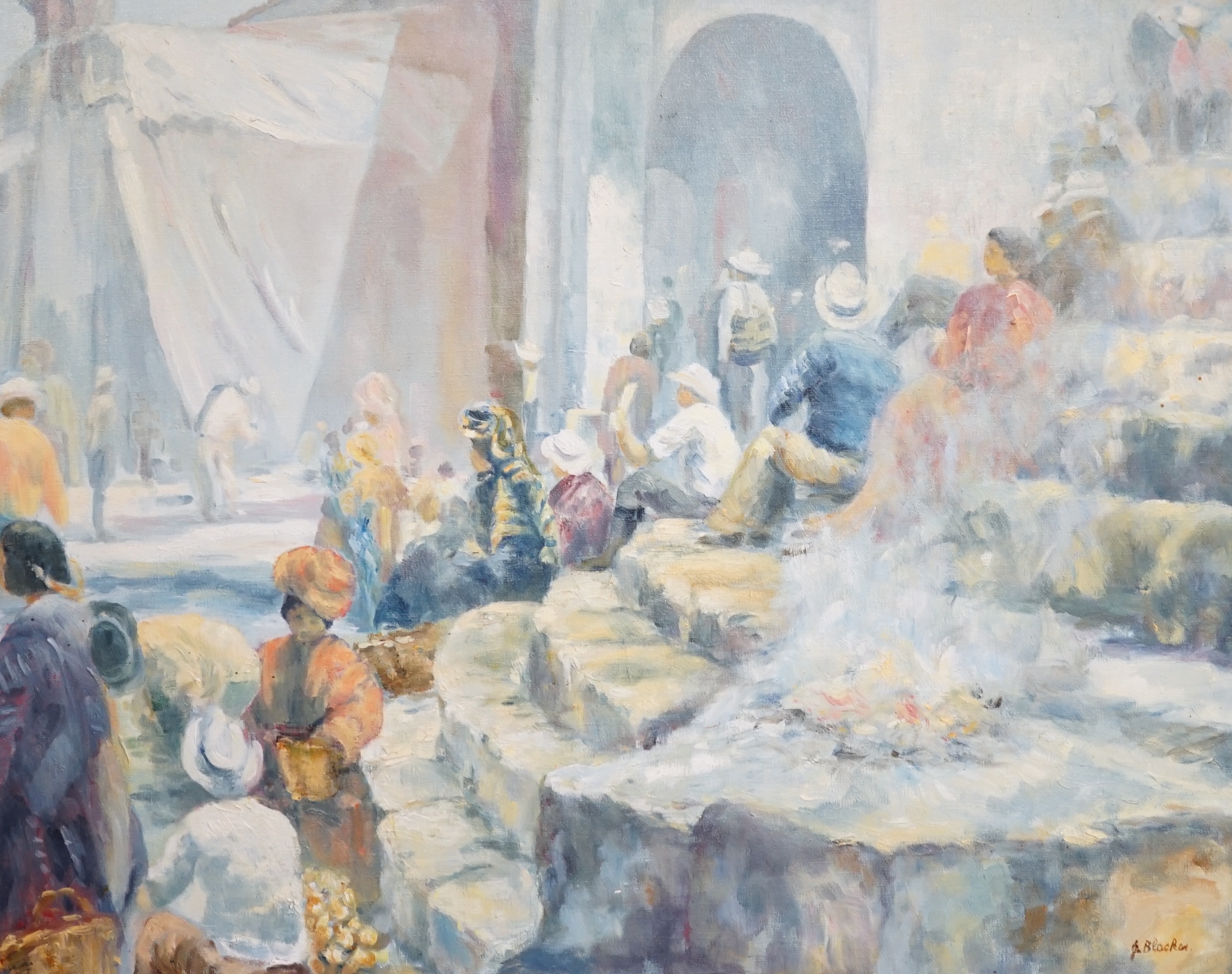 P. Blaker, Impressionist oil on canvas, Street scene with figures, signed, 62 x 75cm. Condition - fair to good                                                                                                              