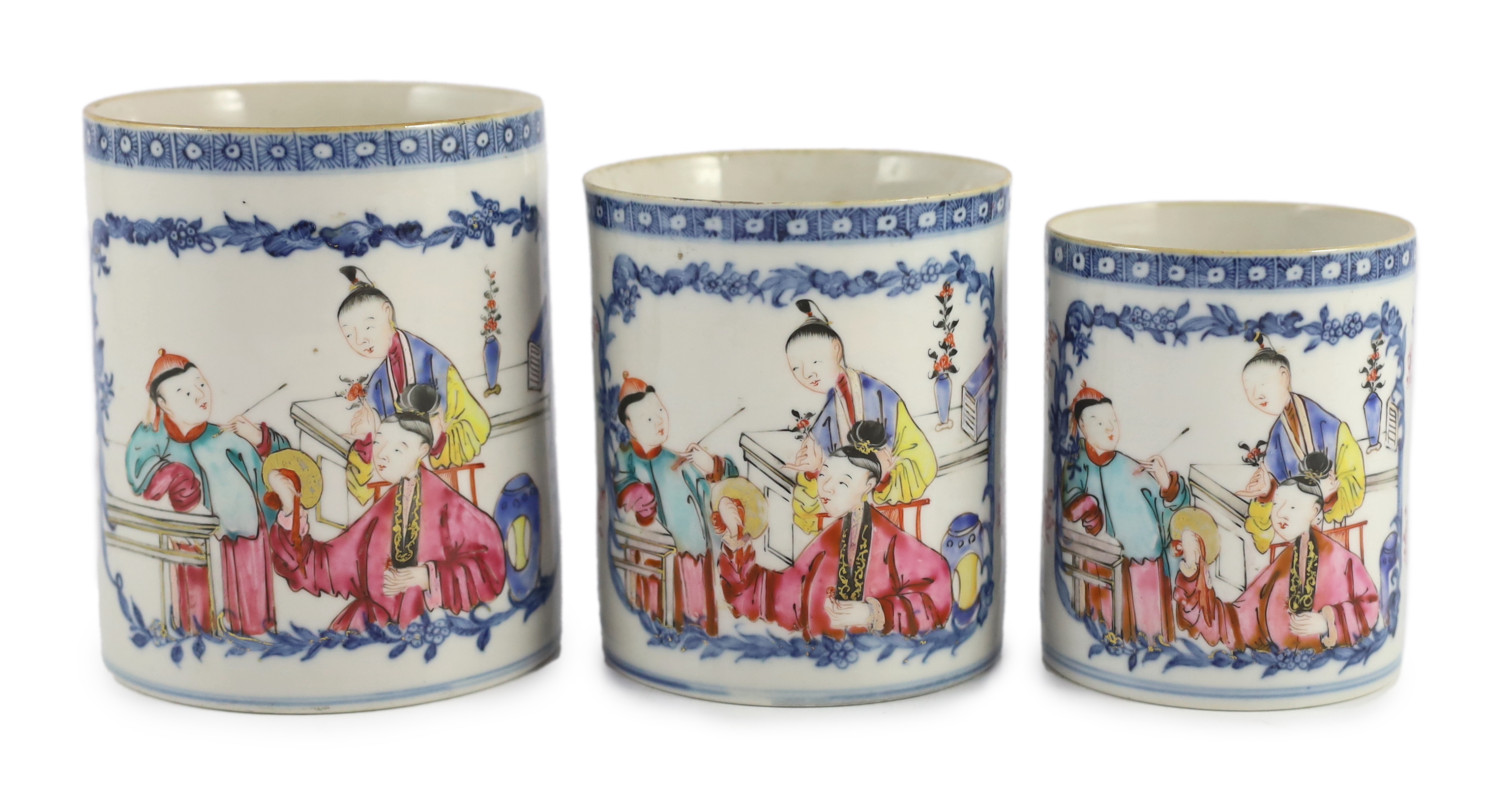 A graduated set of three Chinese famille rose mugs, Qianlong period                                                                                                                                                         