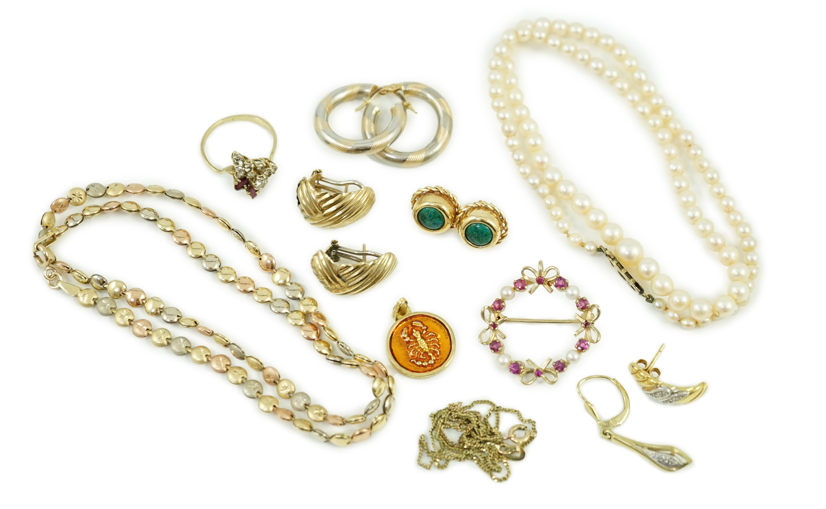 Sundry minor jewellery, including two pairs of 585 earrings, one set with hardstone and a 14k three colour yellow metal necklace, 42cm, gross weight 21.6 grams, a pair of 375 earrings, a single 9ct earring, a 9ct and gem