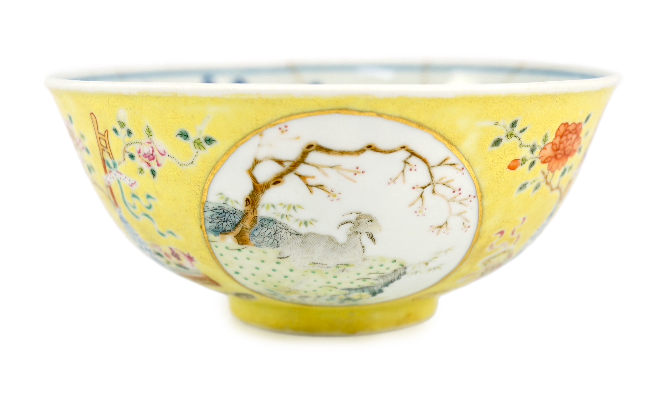 A Chinese yellow ground medallion bowl, Guangxu six character mark and of the period (1875-1908)                                                                                                                            