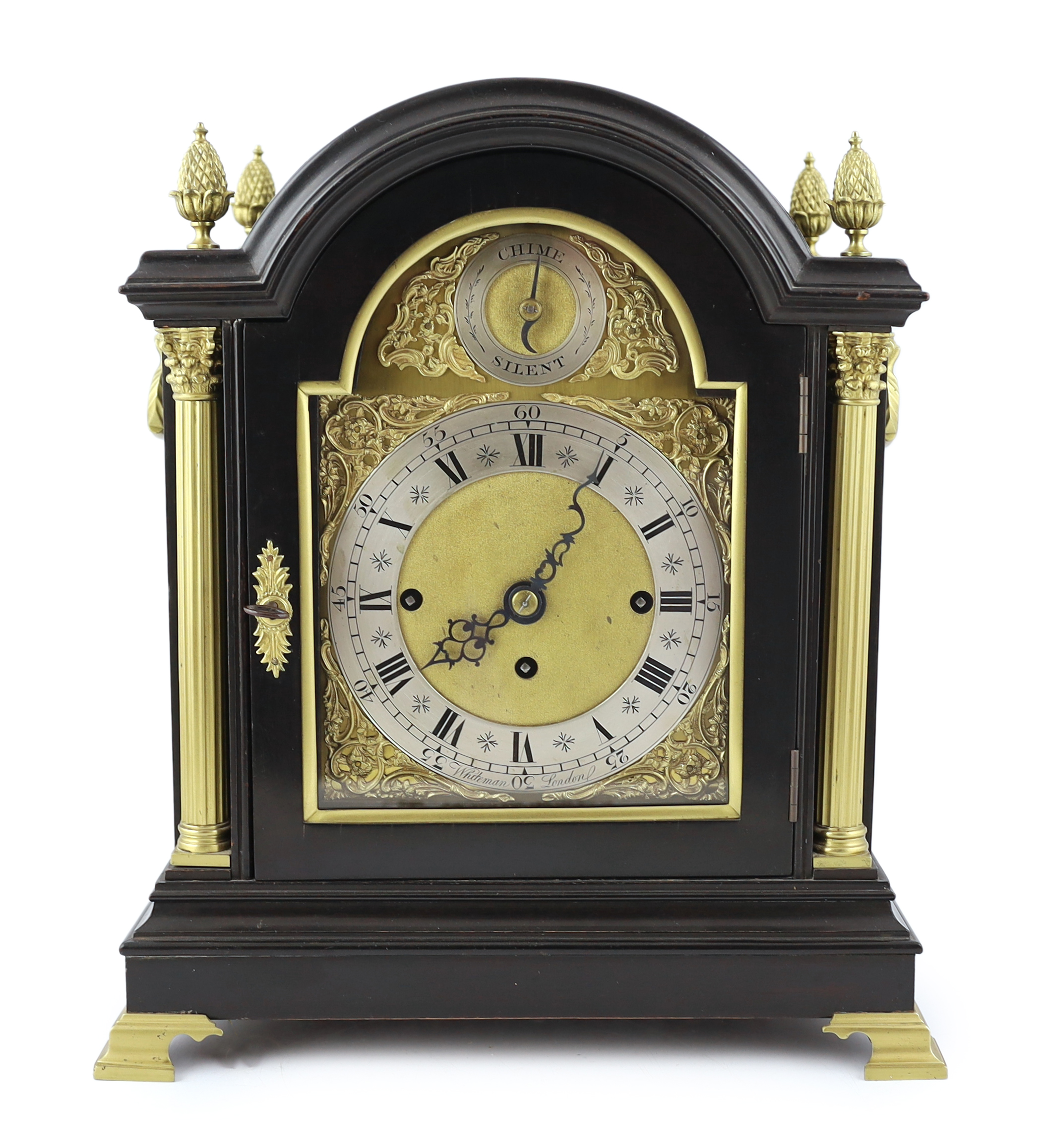 Whiteman of Leadenhall Street, London, a George III ebonised hour repeating and chiming bracket clock, 36cm wide, 23cm deep, 42cm high, Please note this lot attracts an additional import tax of 5% on the hammer price    