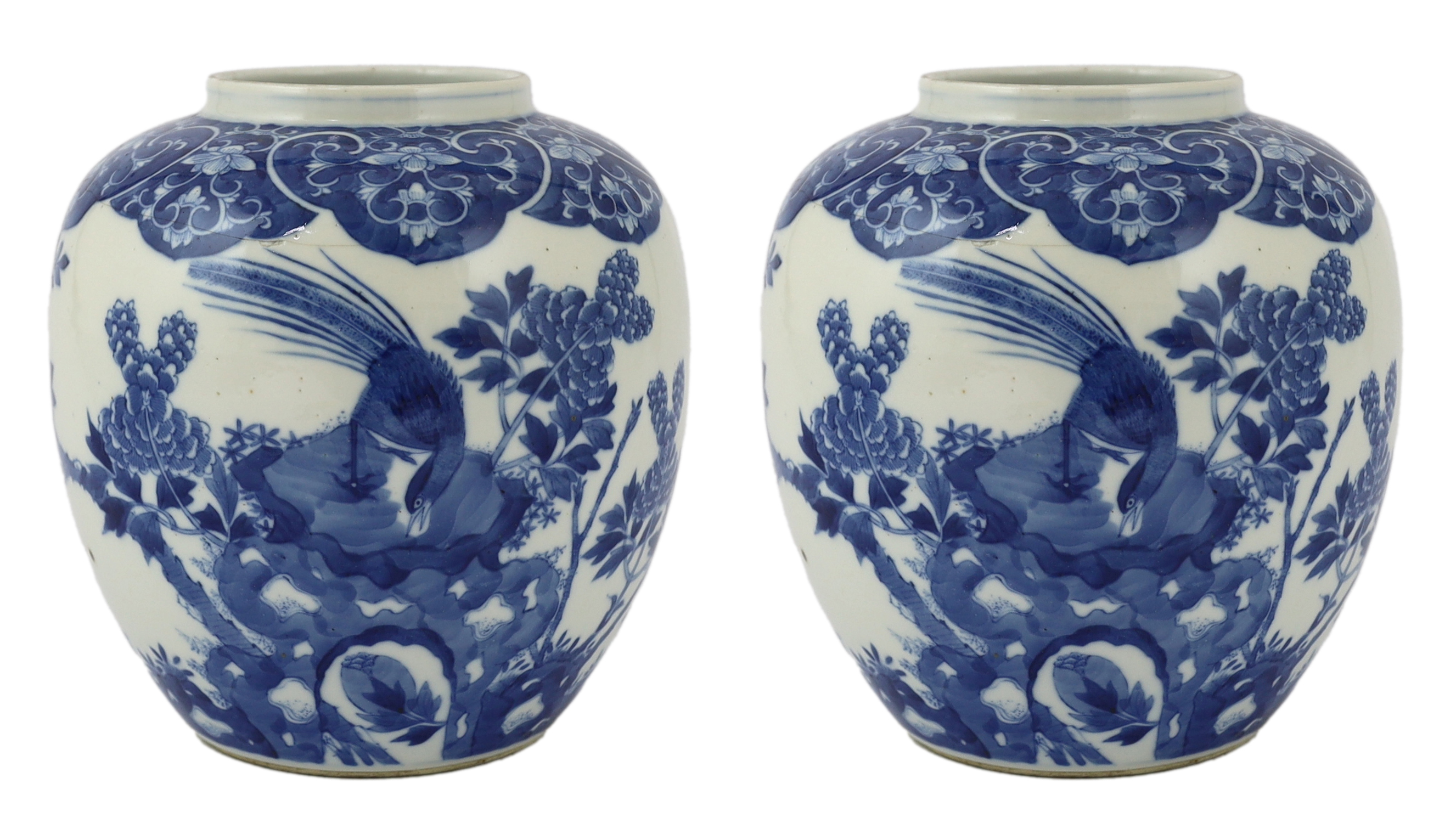 A pair of late 19th Chinese blue and white ginger jars, bearing Kangxi marks, c.1880, Please note this lot attracts an additional import tax of 5% on the hammer price                                                      