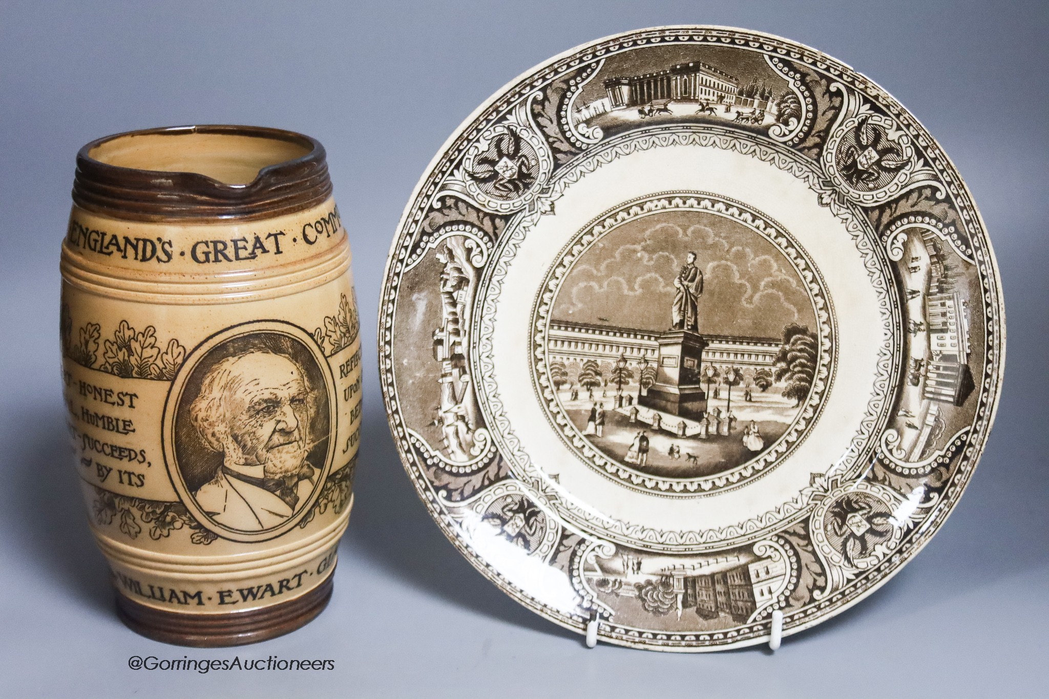 A Doulton Lambeth stoneware jug commemorative of W.E. Gladstone and a Victorian plate, Woronzoff                                                                                                                            