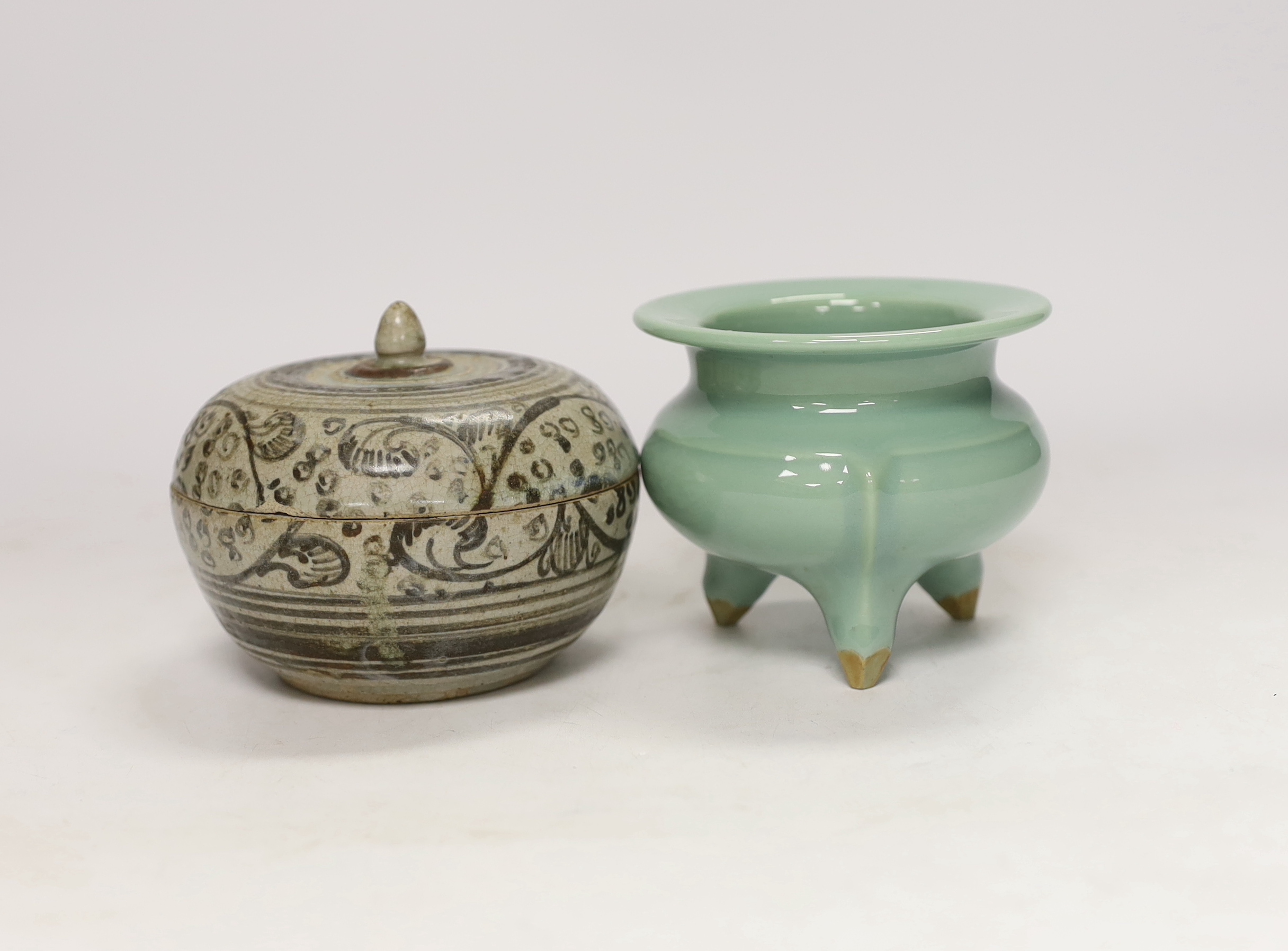 A Chinese celadon tripod censer and a Thai? Box and cover                                                                                                                                                                   