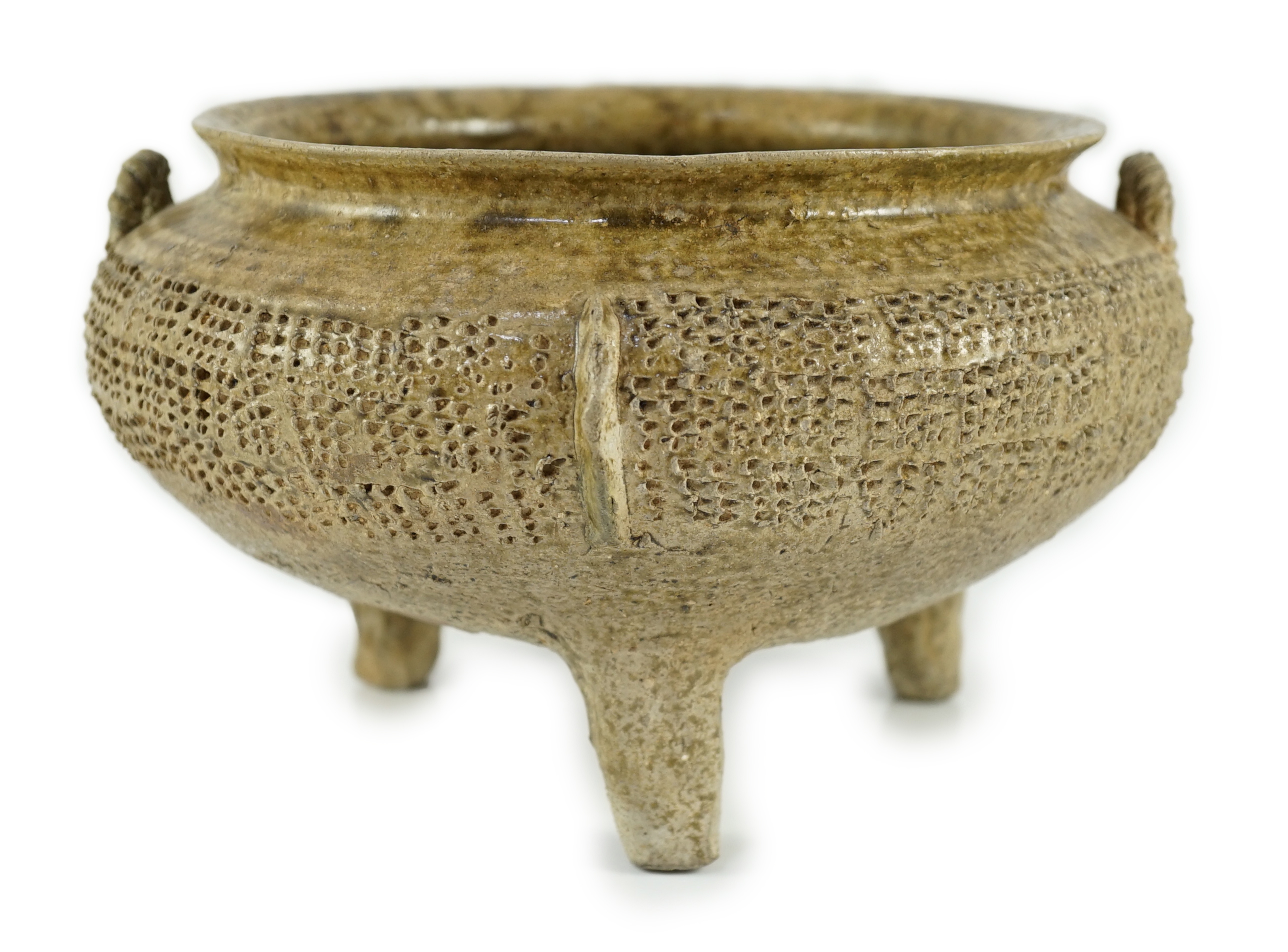 A Chinese proto-celadon tripod ritual vessel, ding, Western Zhou dynasty/Spring & Autumn period (1046 - 476 BC.)                                                                                                            