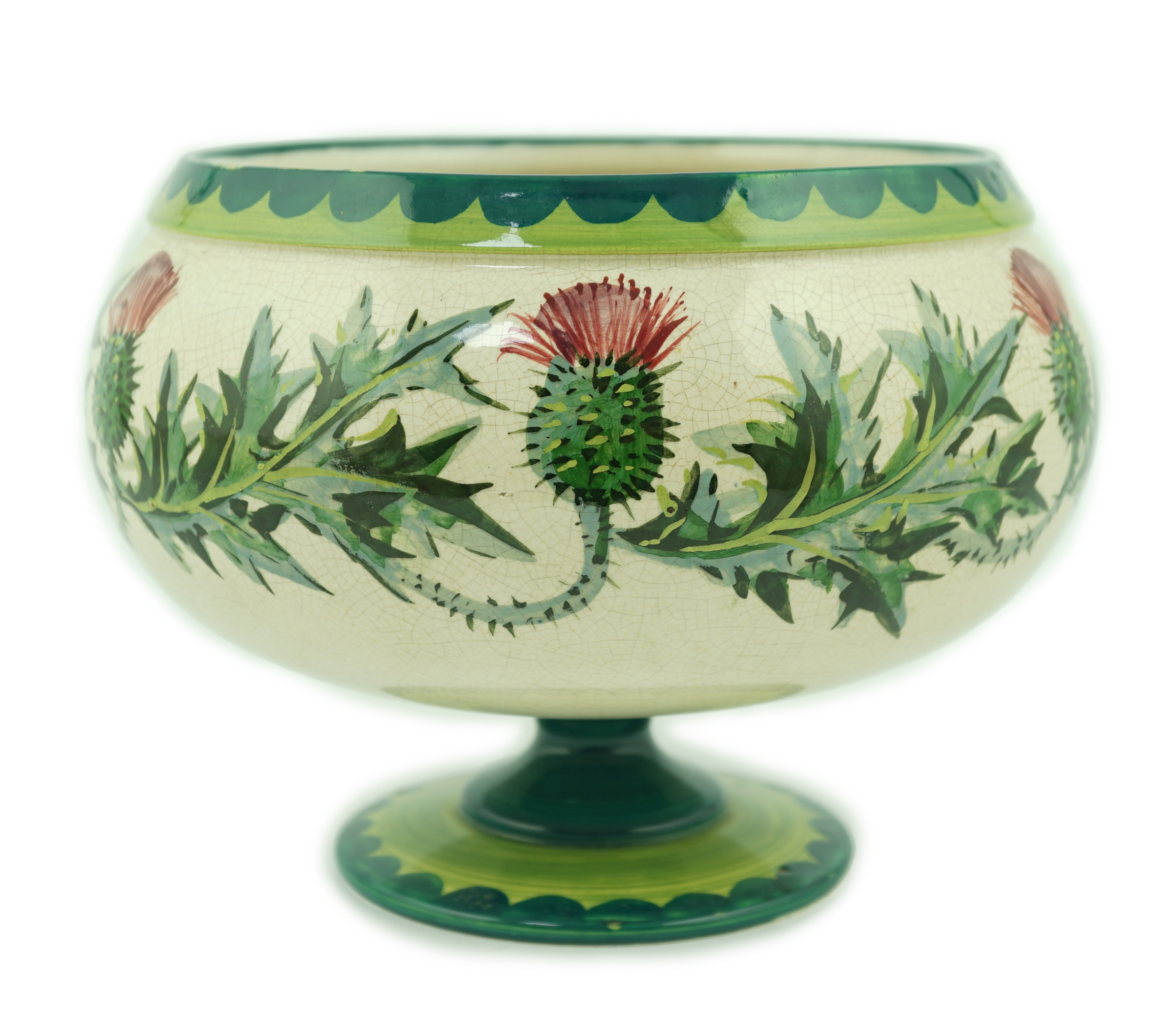 An unusual Wemyss ‘thistle’ pattern pedestal bowl, early 20th century, probably painted by James Sharp                                                                                                                      