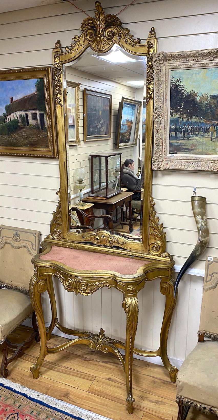 A Victorian carved giltwood and composition pier table and mirror, width 108cm, depth 46cm, height 256cm                                                                                                                    