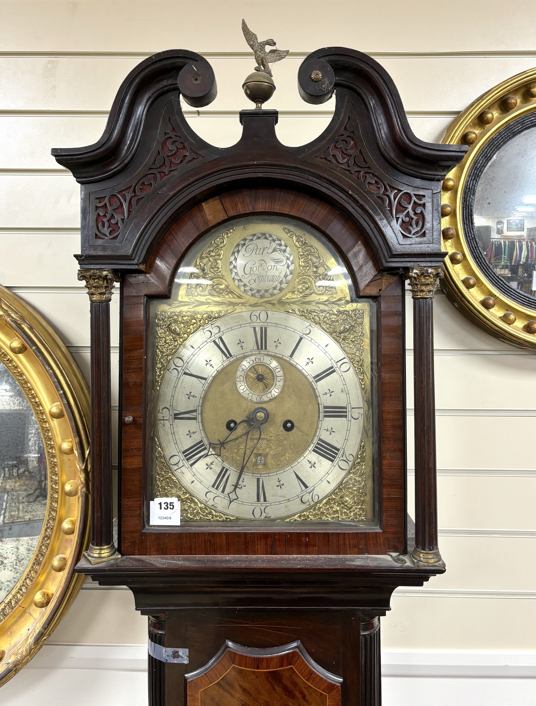 A George III inlaid mahogany longcase clock, marked Patrick Gordon, Edinburgh, height 224cm                                                                                                                                 
