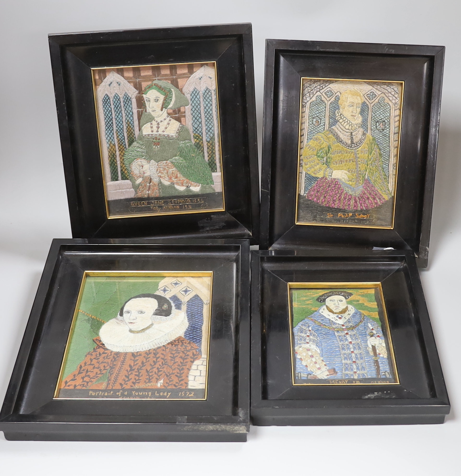 A set of four unusual framed portrait embroideries dated 1930-1931 by Toby Keenan of: Henry VIII, Queen Jane Seymour 1536, Sir Philip Sidney and a similar portrait of A Young Lady 1572, (4), largest 14cms wide x 19.5cm h