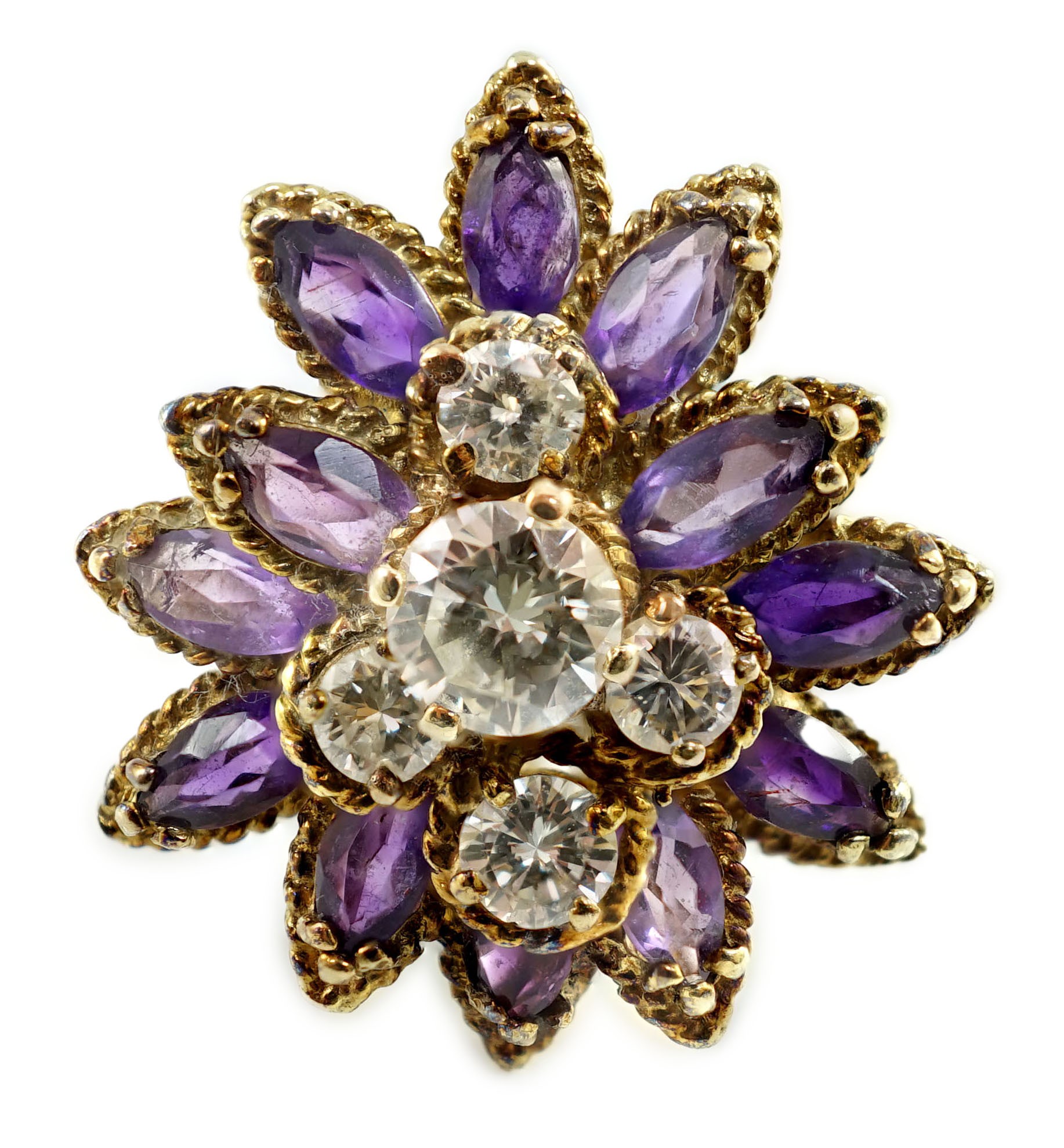 A 14k gold, five stone graduated round cut diamond and twelve stone marquise cut amethyst set cluster dress ring                                                                                                            