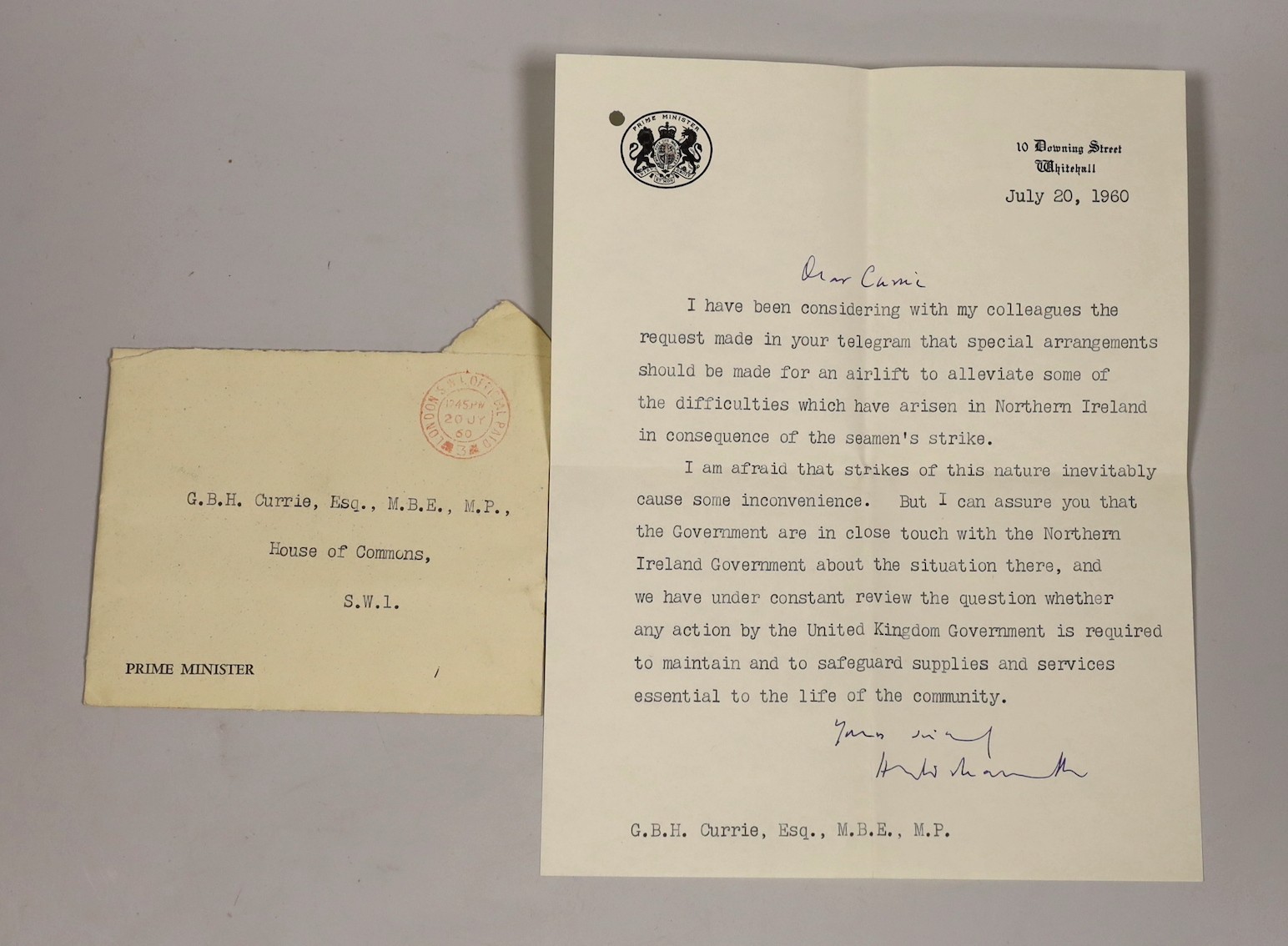 British Politics - Harold Macmillan signed letter on Prime Minister headed paper dated July 20, 1960, regarding seaman's strike in Northern Ireland                                                                         