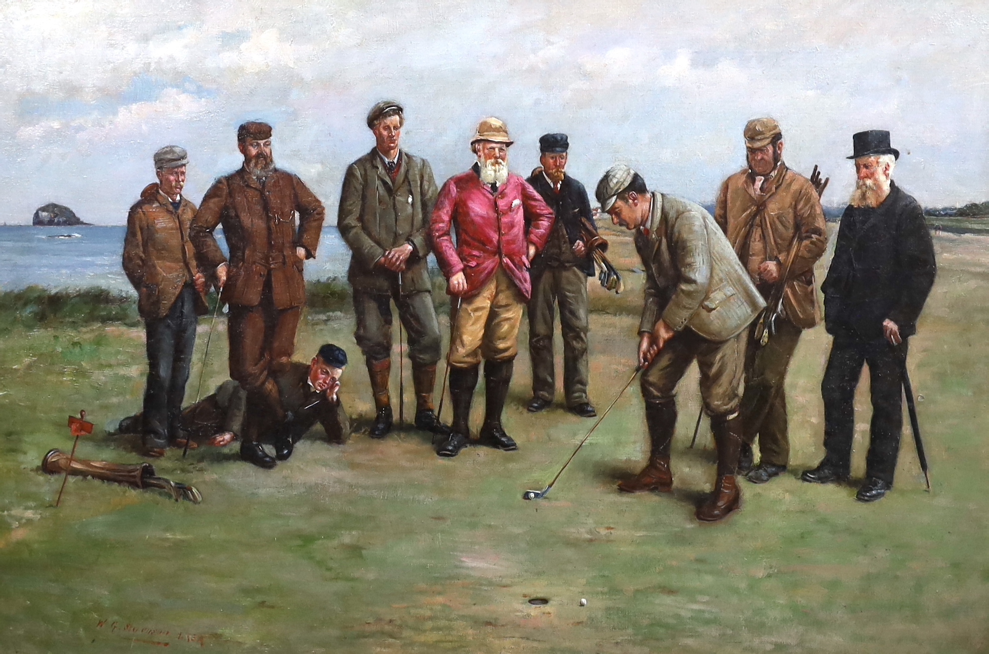 Follower of William Grant Stevenson RSA (1849-1919), Golfing scene: Prestwick (founded 1851), Ayrshire, Ailsa Craig in the background, most likely the Final of the Amateur Championship 1888, between John Ball, the winner