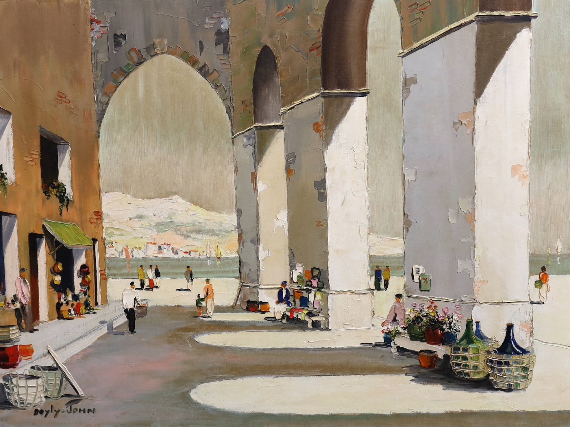 Cecil Rochfort D'Oyly-John (British, 1906-1993), Figures beneath arches, South of France, oil on canvas, 43 x 58cm, unframed                                                                                                