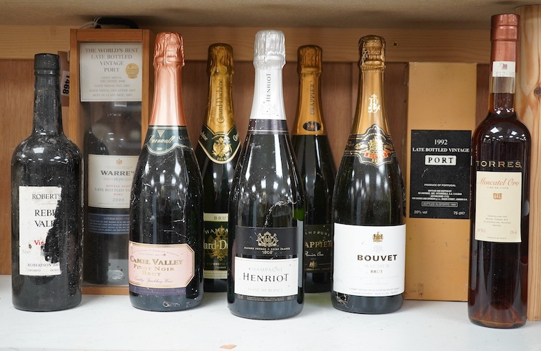 Nine bottles of various champagnes, sparkling wines, ports etc. to include Henriot, Canard-Duchêne, Drappier, Warres, etc. condition - varies externally, storage unknown                                                   