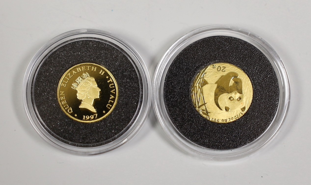 China coins - gold 20 yuan 'panda' 2001 and Tuvalu gold $20, Princess Diana 1997                                                                                                                                            