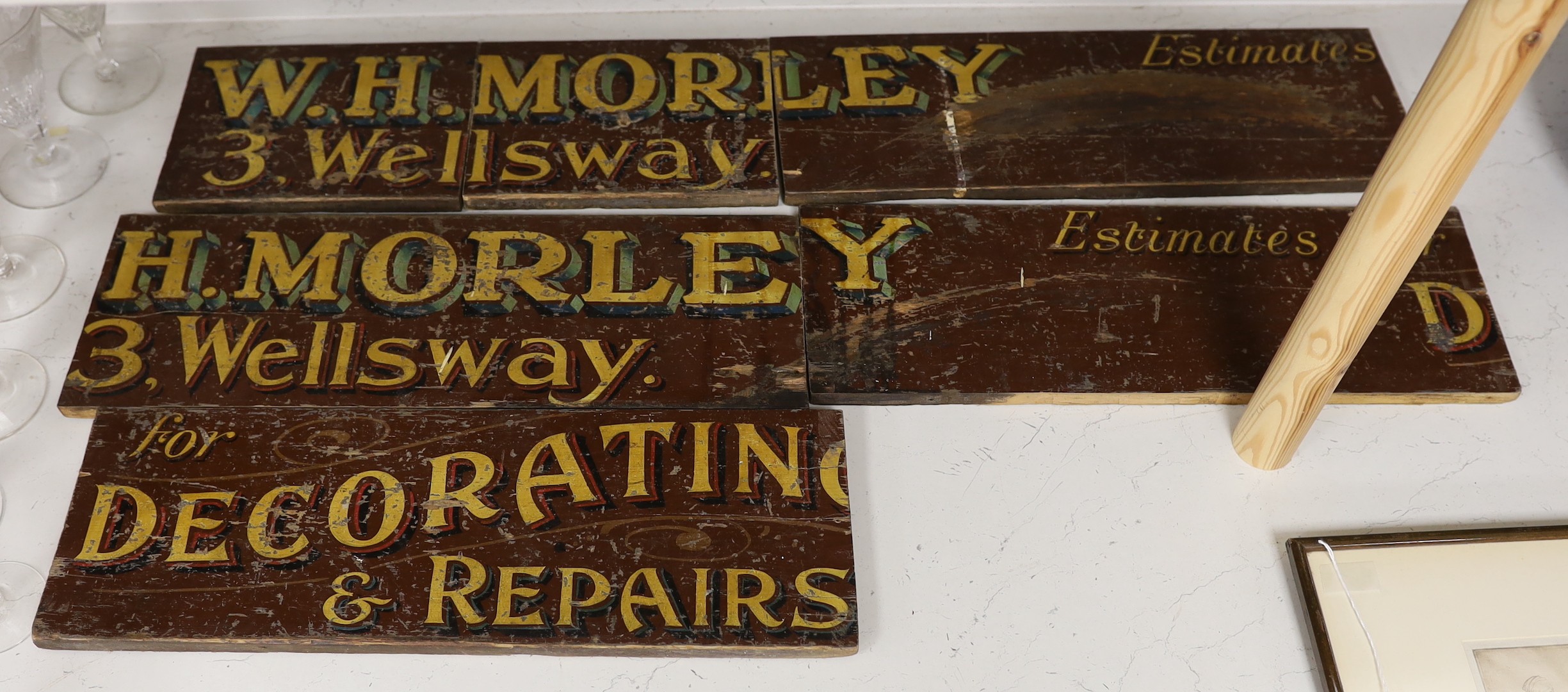 W.H. Morley painted wood trade signs                                                                                                                                                                                        