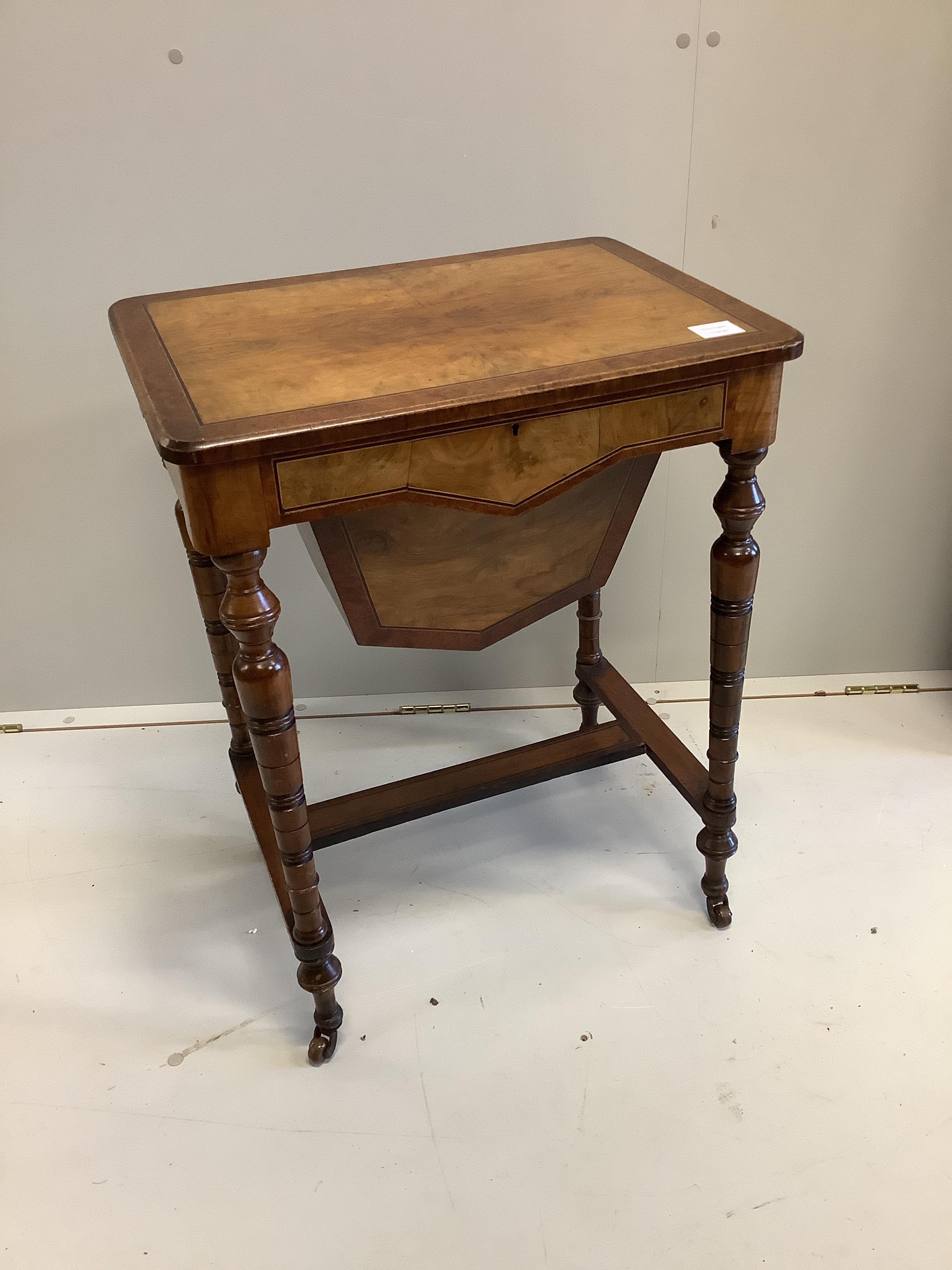A late Victorian amboyna banded rectangular walnut writing/work table, width 56cm, depth 40cm, height 71cm                                                                                                                  