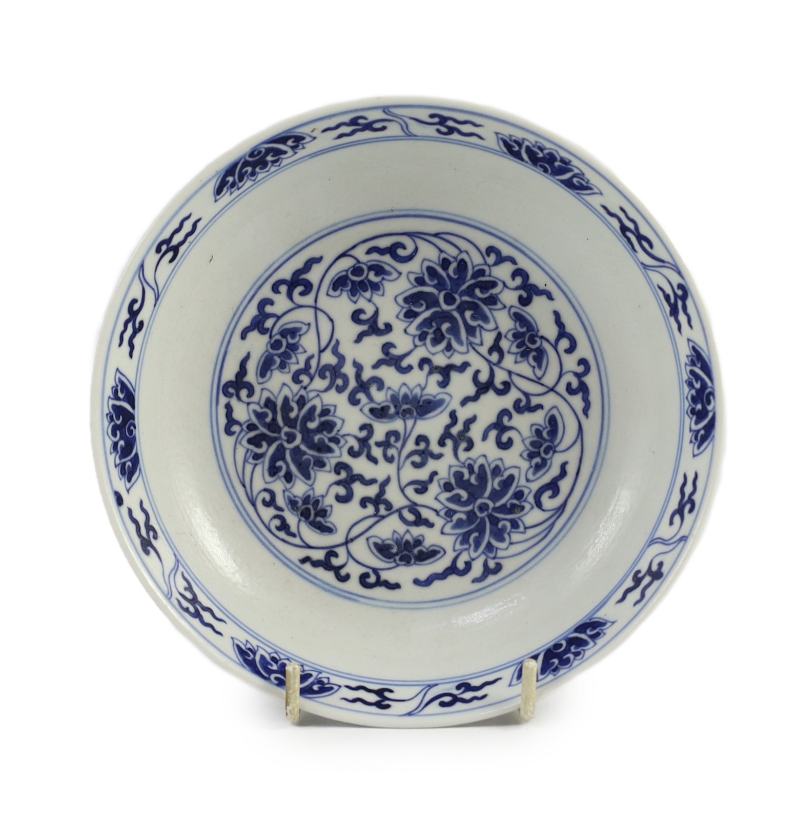 A Chinese blue and white ‘lotus’ dish, Guangxu mark and of the period (1875-1908), 15.5cm diameter                                                                                                                          