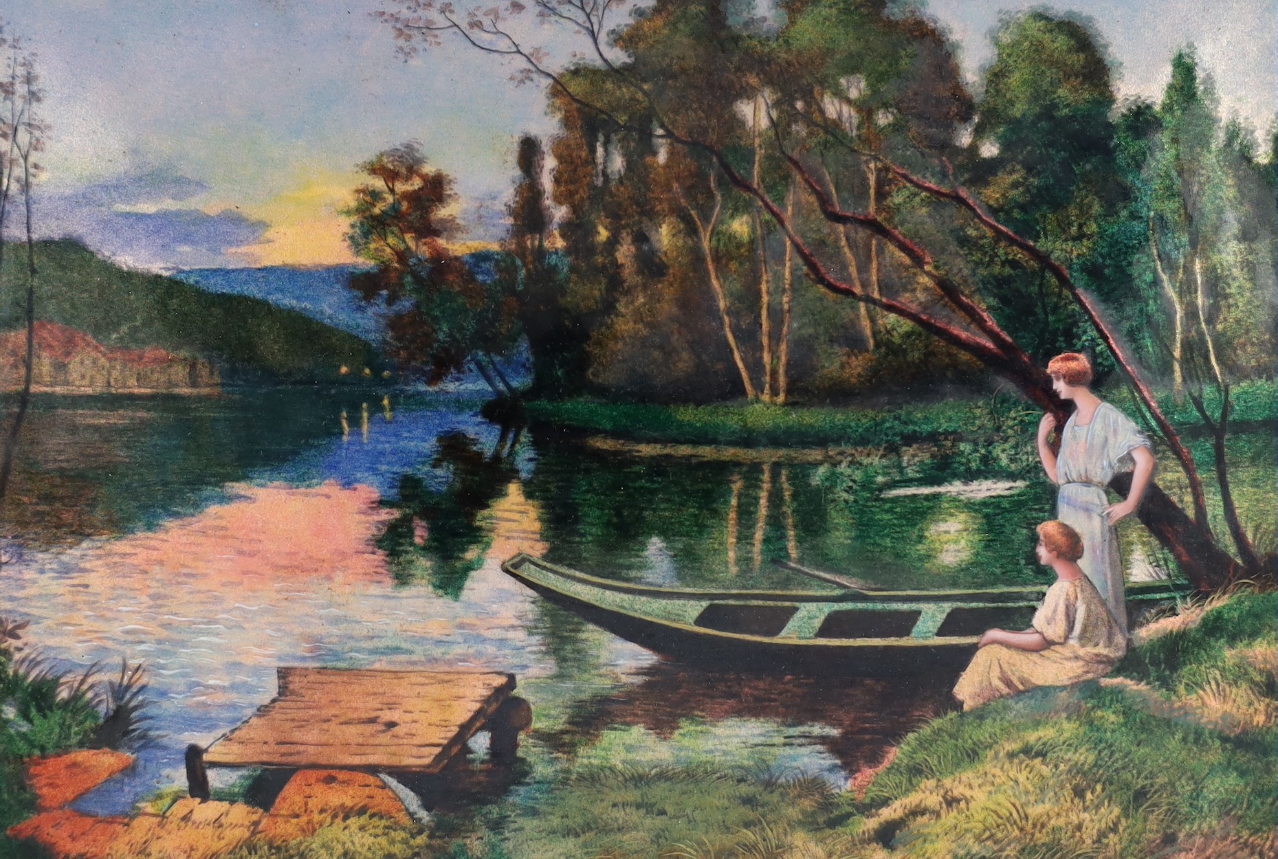 Jules Sarlandie (1874-1936), a large Art Deco Limoges enamel polychrome wall plaque, ‘Waiting for the ferryman’, 23.5cm x 34.5cm excluding frame                                                                            