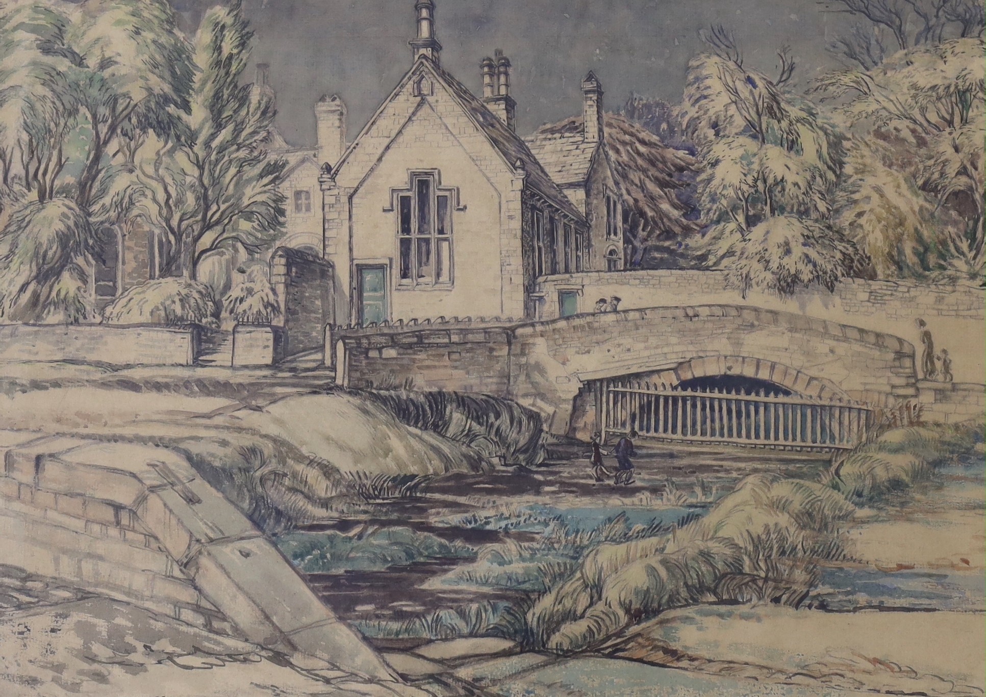 E. Owen James, watercolour, Country house beside a stone bridge, signed, 30 x 42cm                                                                                                                                          