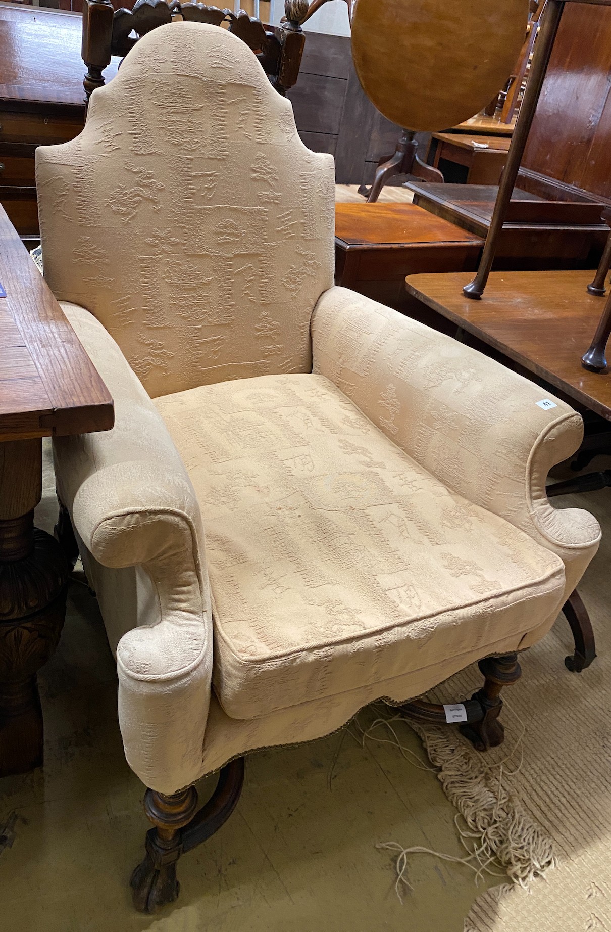 A George I style upholstered armchair, width 84cm, depth 78cm, height 112cm                                                                                                                                                 