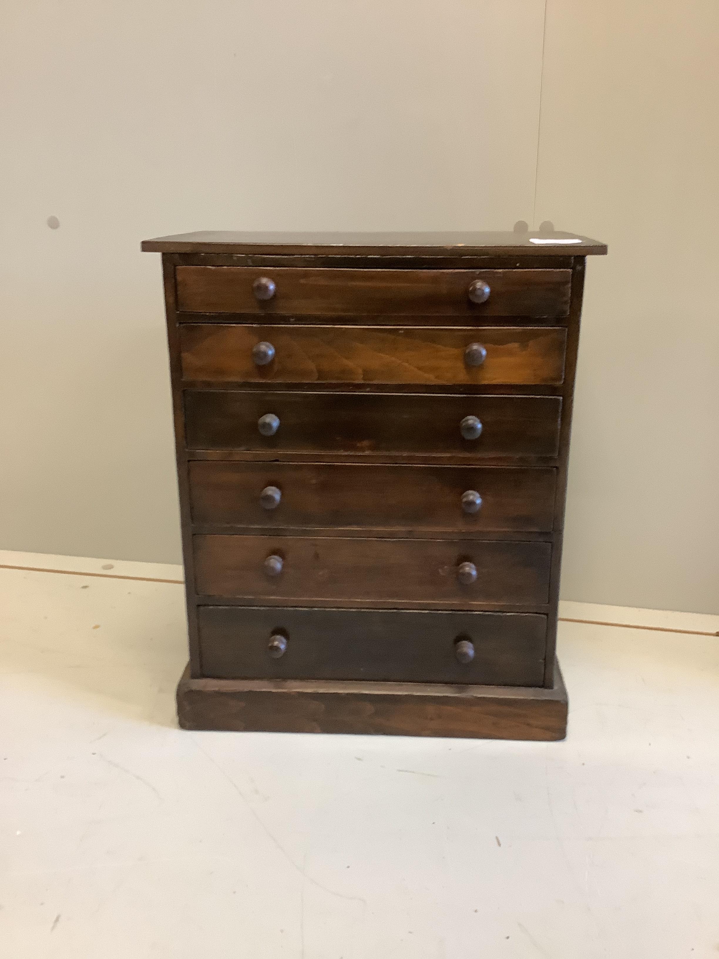 An early 20th century beech six drawer collector's chest, width 38cm, depth 22cm, height 45cm                                                                                                                               