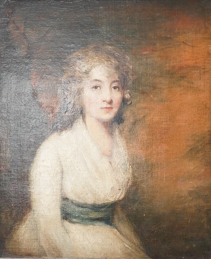 In the manner of George Romney (1734-1802), oil on canvas, Portrait of a Regency lady, unsigned, 30 x 24cm, ornately framed. Condition - poor to fair                                                                       