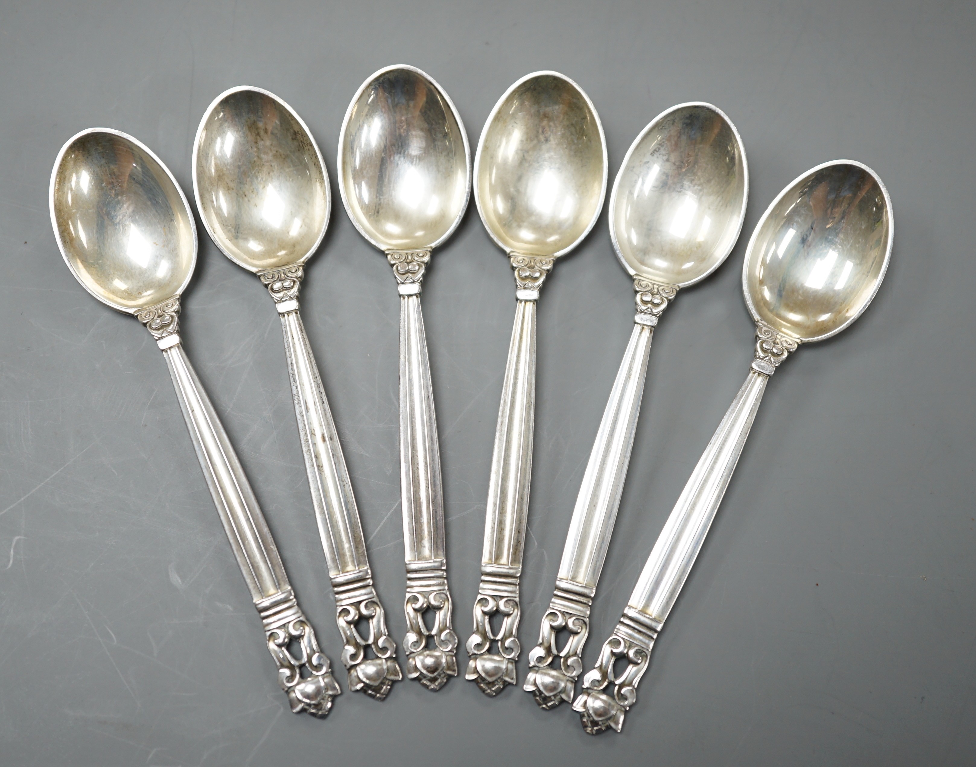 A set of six Georg Jensen 925 sterling coffee spoons, 95mm, 77 grams.                                                                                                                                                       