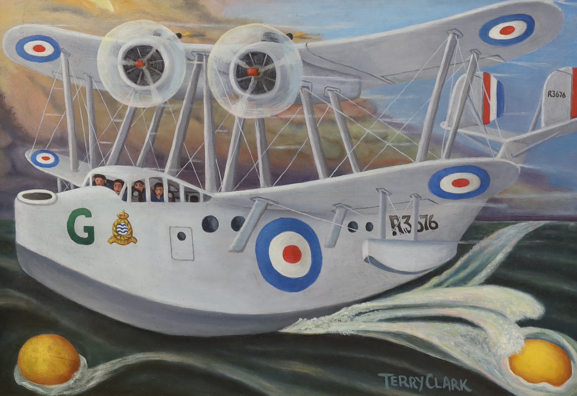 Terry Clarke (b.1932), oil on board, 'Flying Boat', signed, 42 x 60cm                                                                                                                                                       