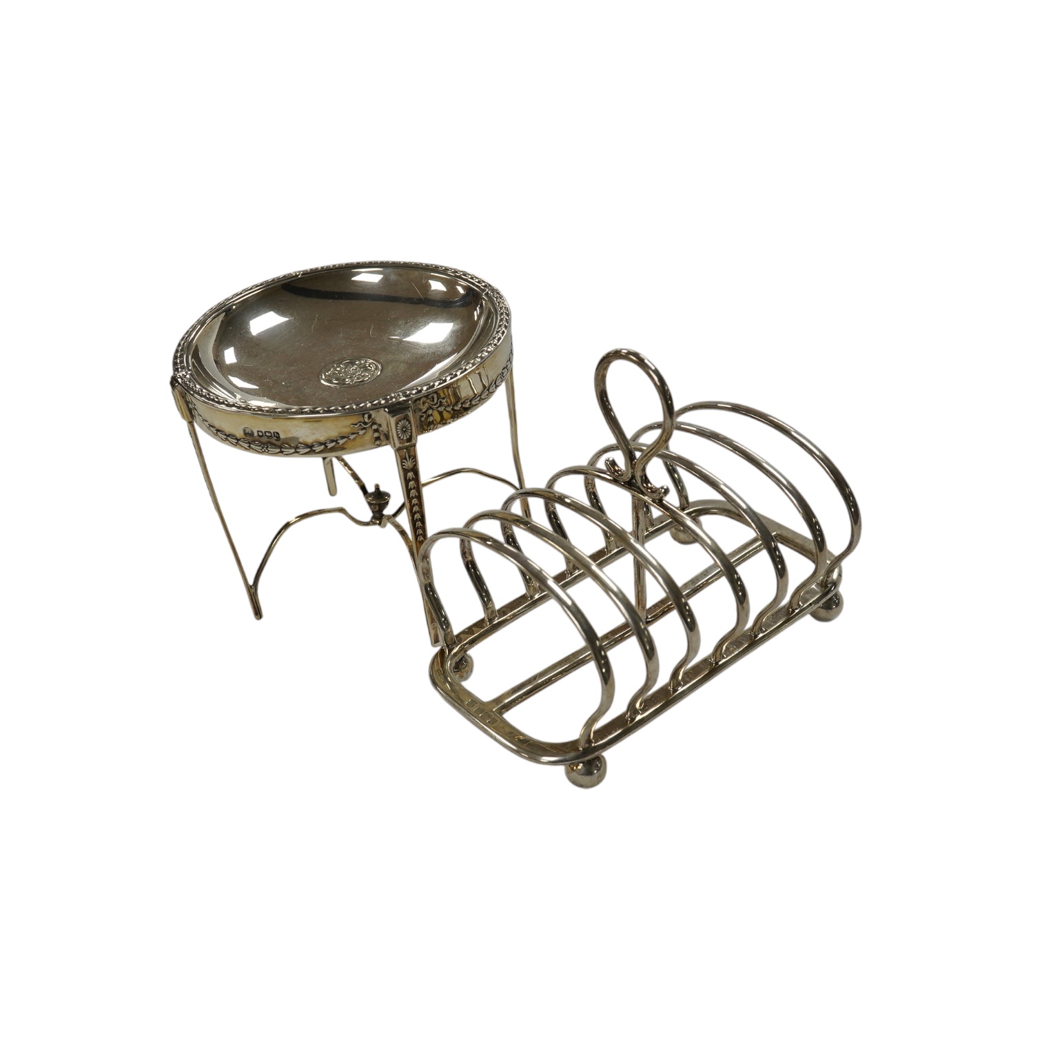 A George V miniature silver model of an occasional table, John Round, Sheffield, 1925, height 9.8cm, together with a similar silver five bar toast rack, 11.3oz. Condition - fair                                           