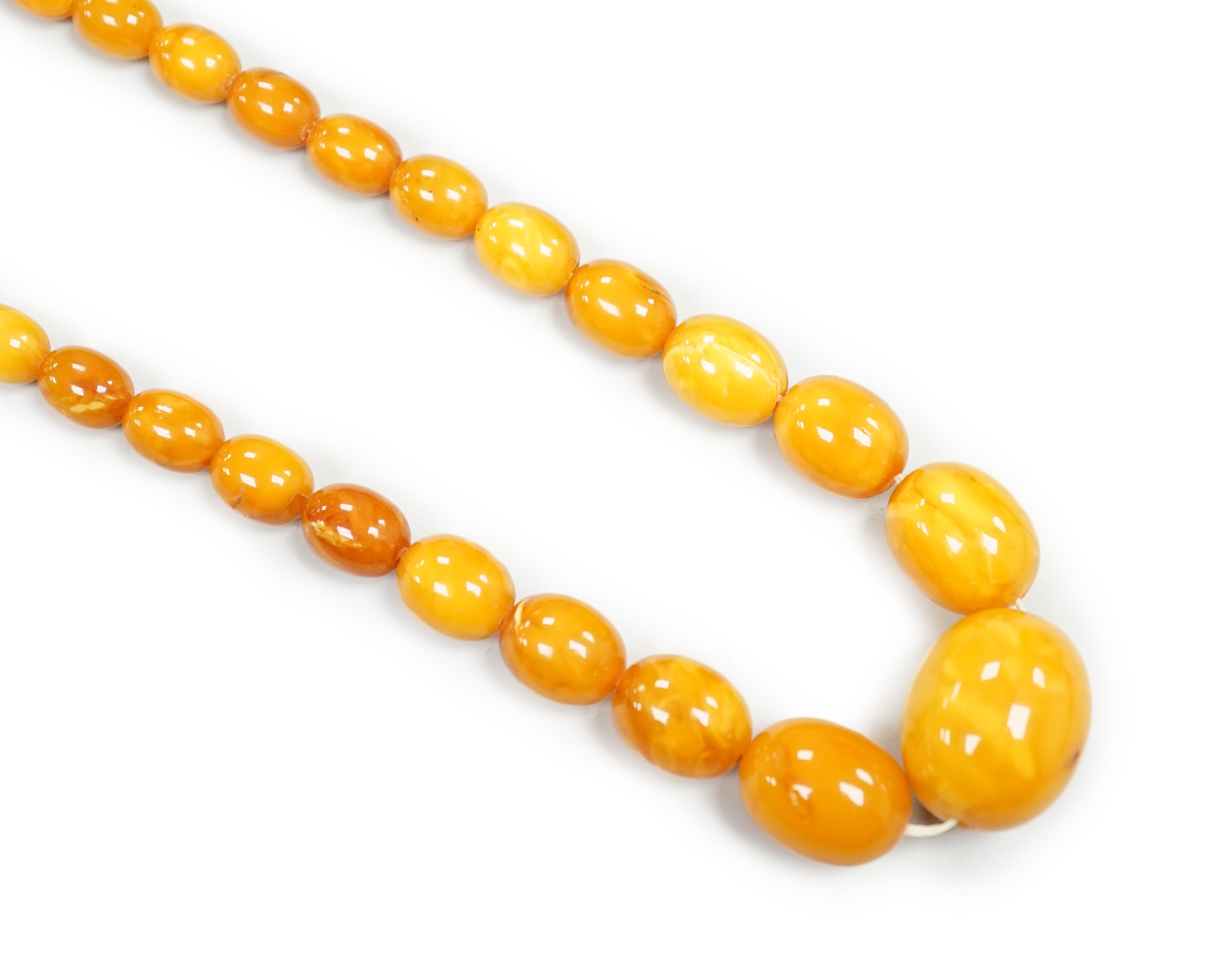 A single strand graduated amber bead necklace, 62cm, gross weight 34 grams.                                                                                                                                                 