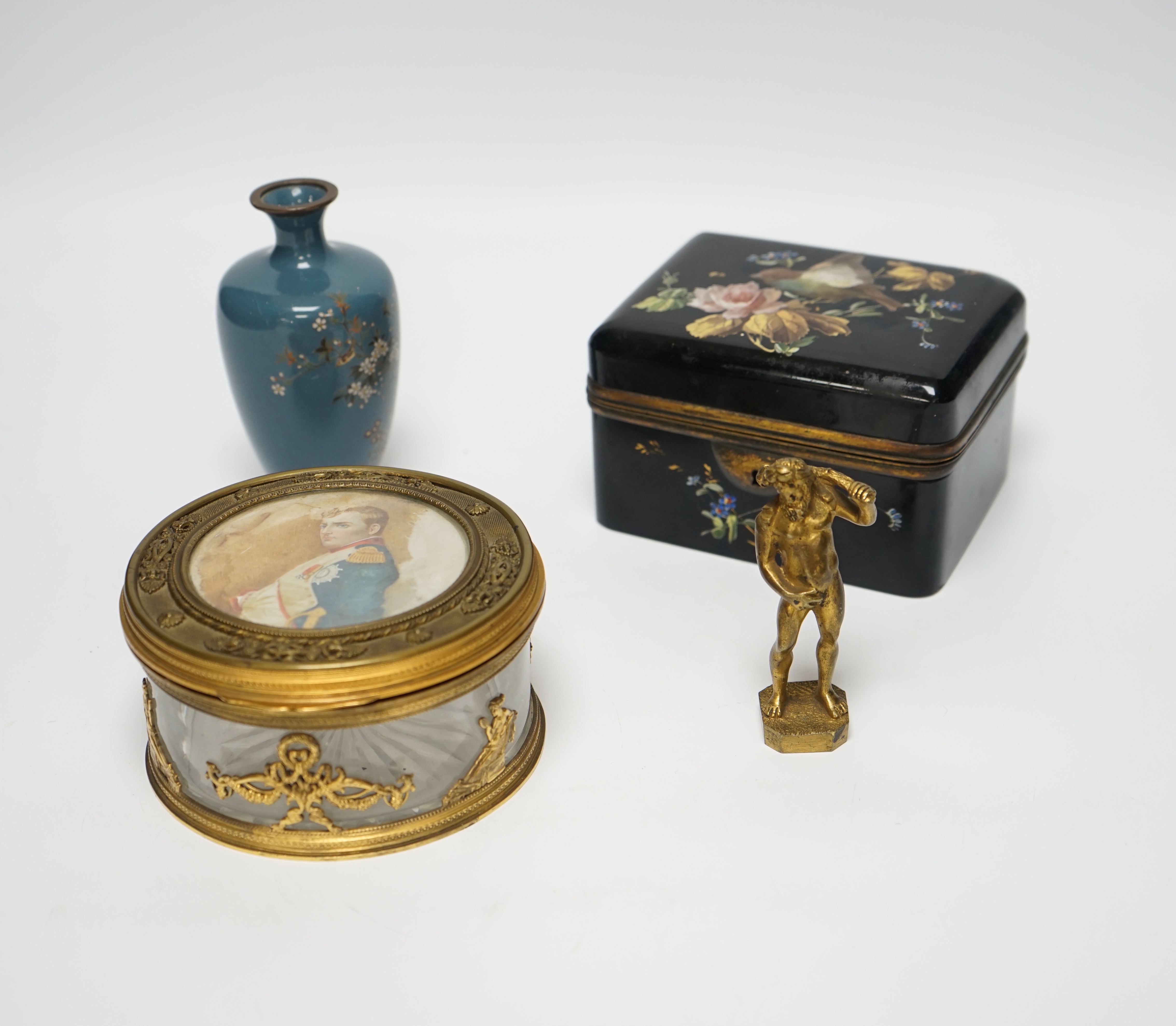 A Palais Royale circular gilt metal cut glass box with an inset portrait miniature of Napoleon on ivorine, 12cm diameter, a Bohemian enamelled glass box attributed to Moser, 12.5cm wide, a Japanese cloisonné enamel vase 