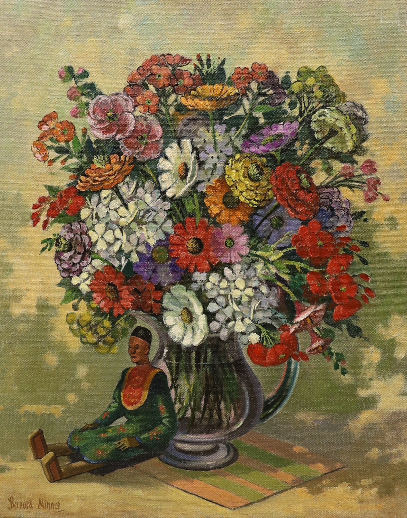 Bernard Ninnes (1899-1971), oil on canvas, Still life with Indonesian doll beside a vase of flowers, signed, 60 x 51cm, unframed                                                                                            