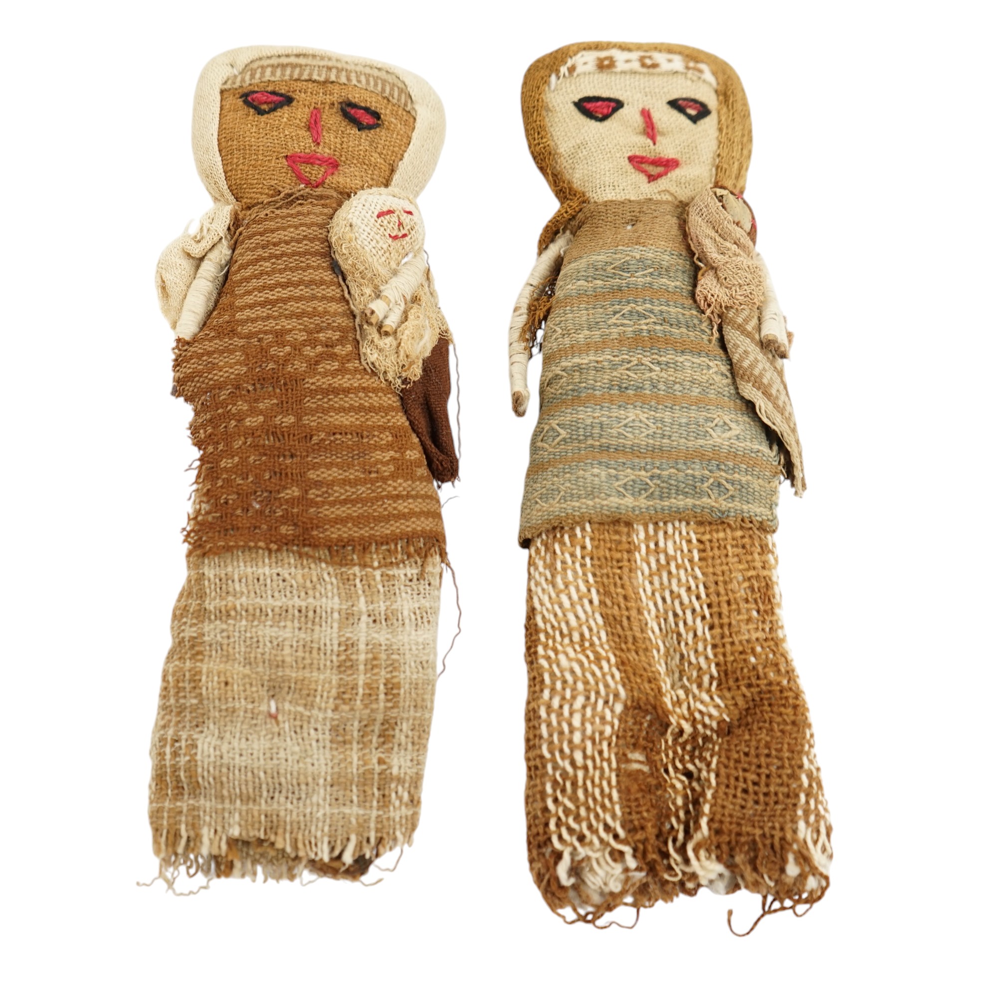 Two antique Chancay culture, central Peruvian hand made fabric dolls each carrying a baby. 25cm high. Condition - fair                                                                                                      