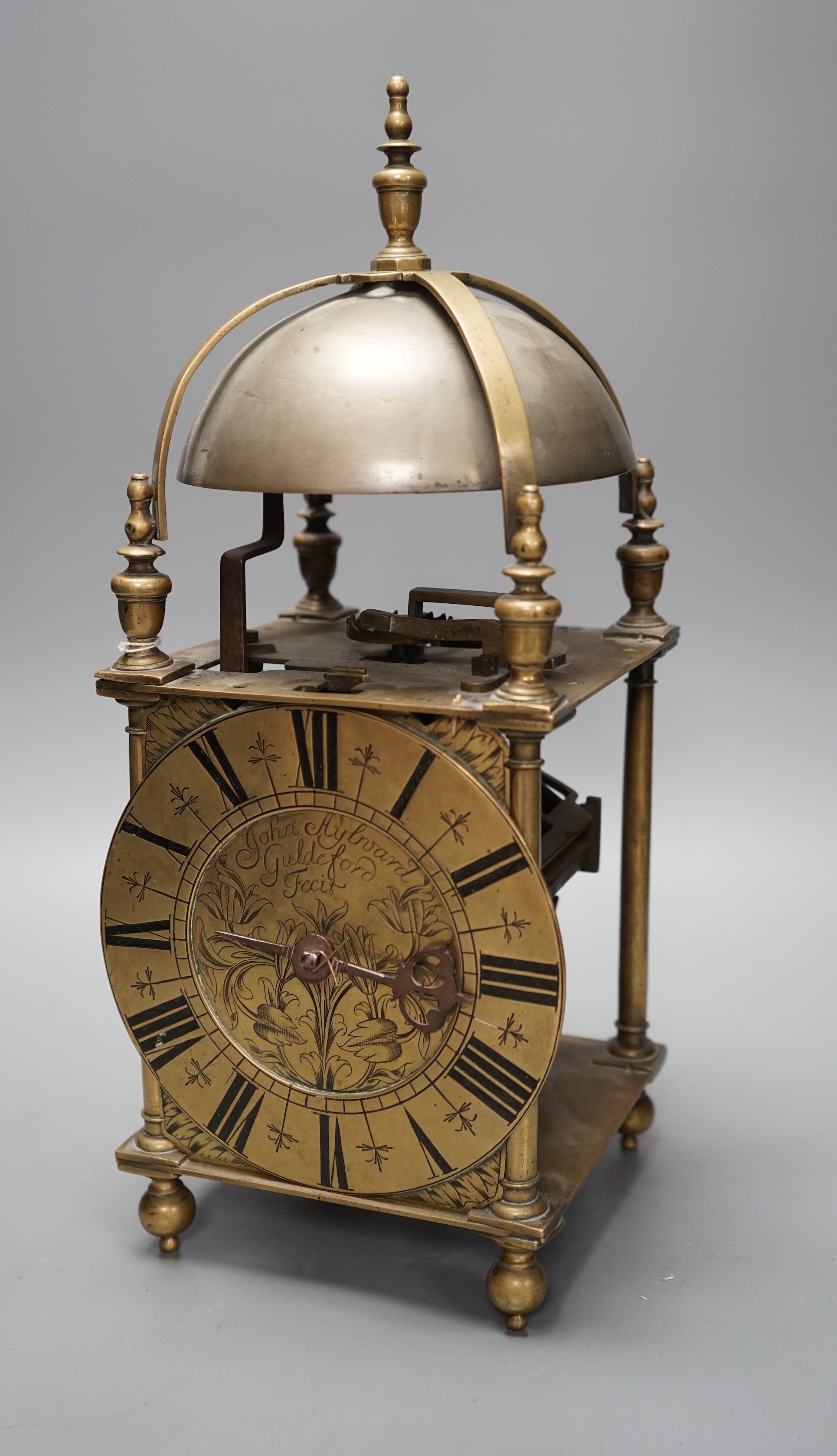 A brass lantern clock, signed John Aylward, 17th century and later, incomplete                                                                                                                                              