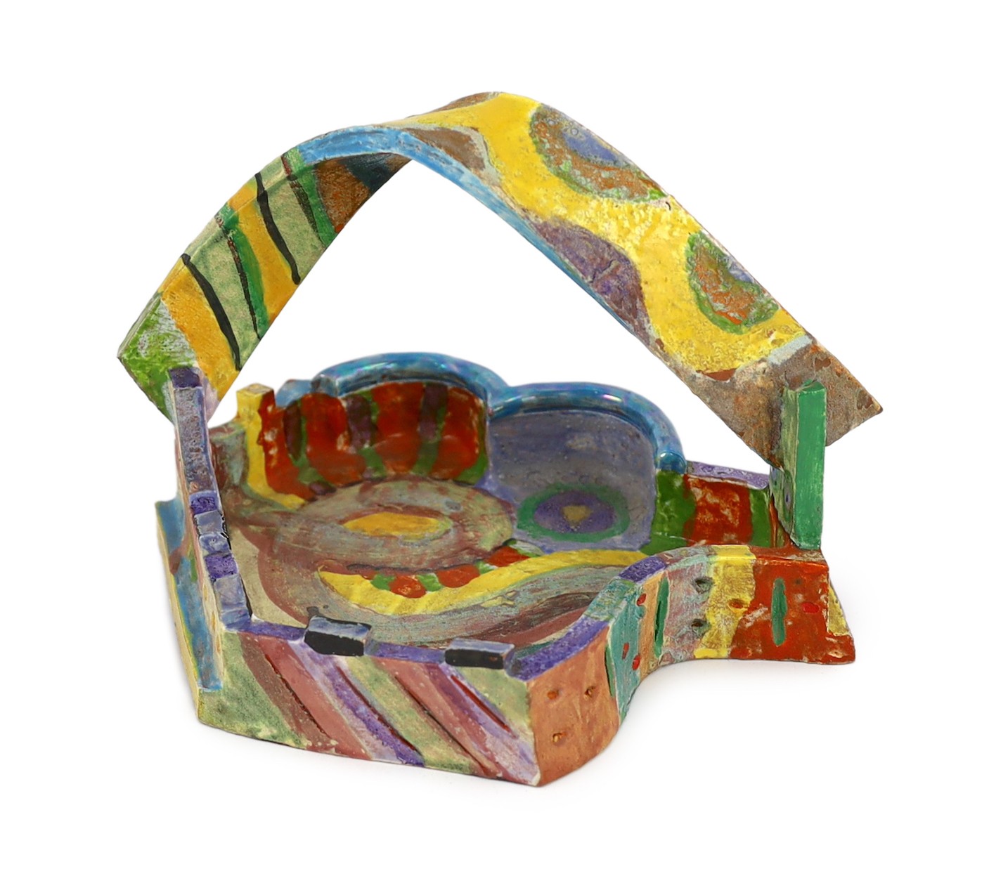 Angus Suttie (1946-1993), a multicoloured glazed stoneware dish or basket, 21.6cm wide 16.5cm high                                                                                                                          