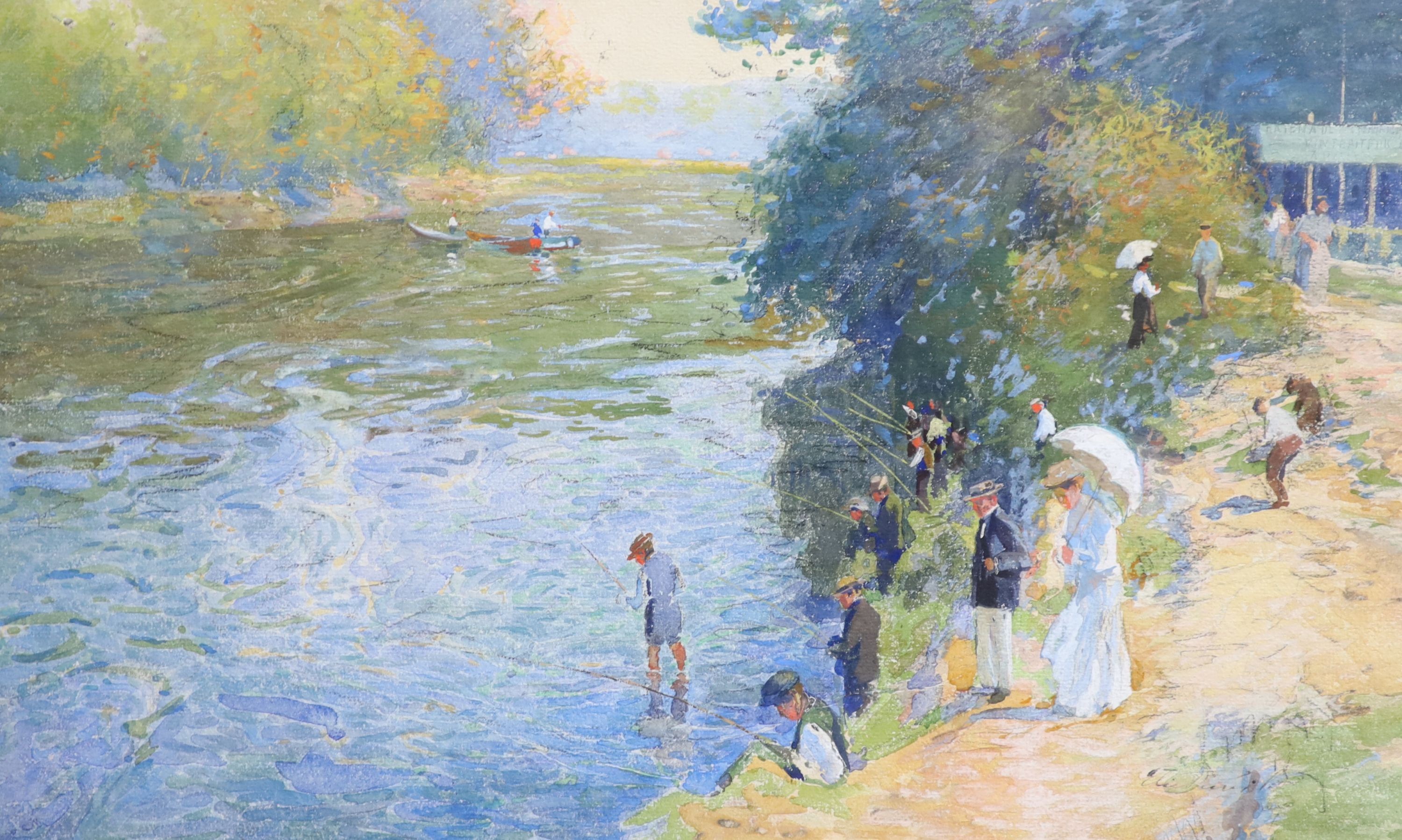 Elie Anatole Pavil (Ukrainian, 1873-1948), Figures on a river bank in summer, Watercolour, 29 x 46cm.                                                                                                                       