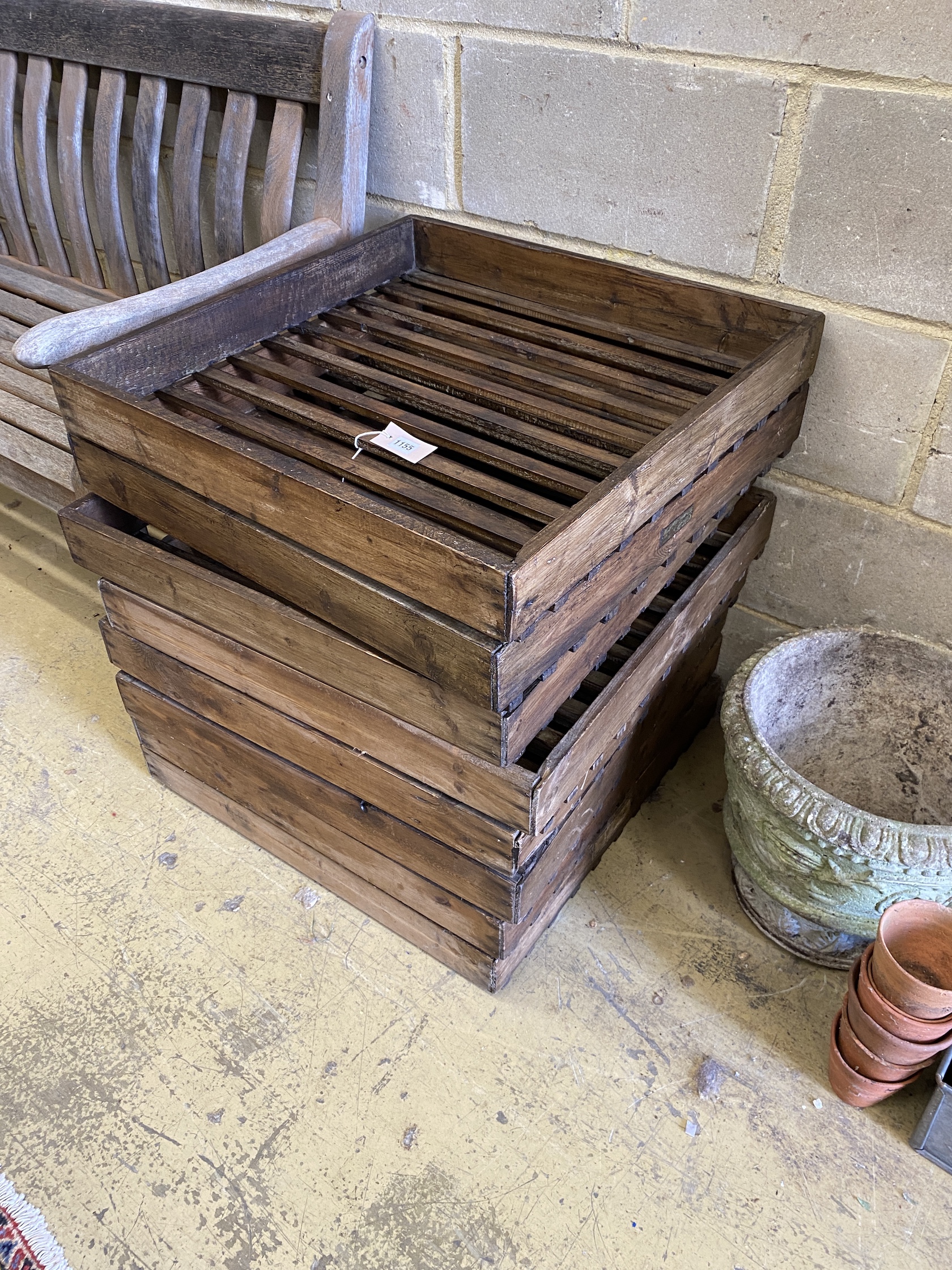 Eight vintage wooden apple crates, width 62cm, depth 62cm, height 7cm                                                                                                                                                       