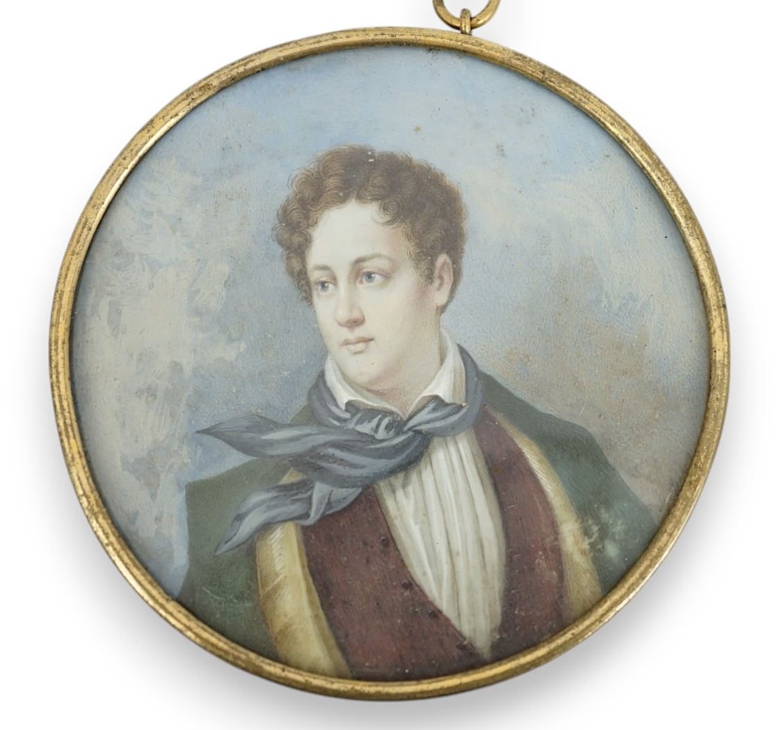 G. Sanders, Portrait miniature of Lord Byron, gouache on parchment, tondo, 10.5cm                                                                                                                                           