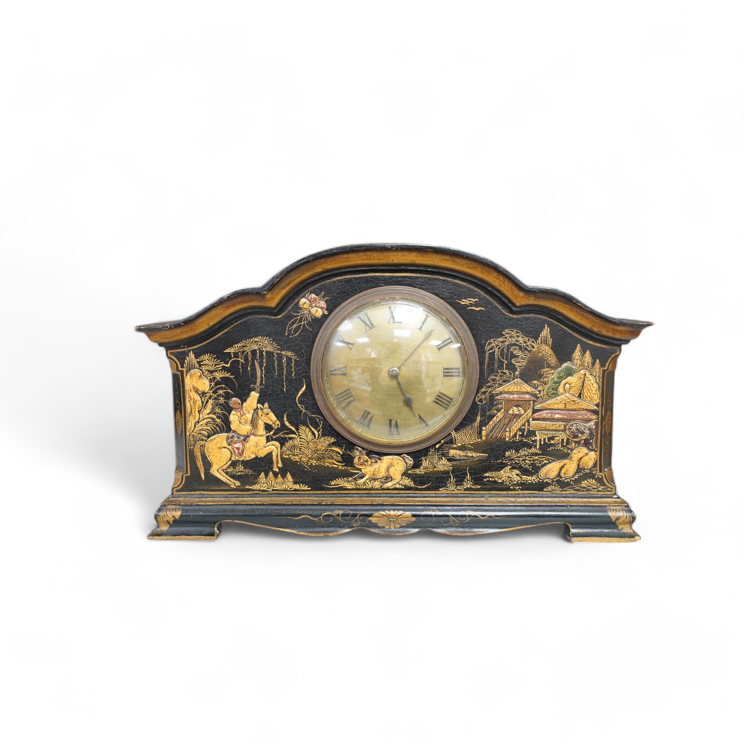 An early 20th century chinoiserie lacquer clock, 29cm wide. Condition - fair to good, currently ticking                                                                                                                     