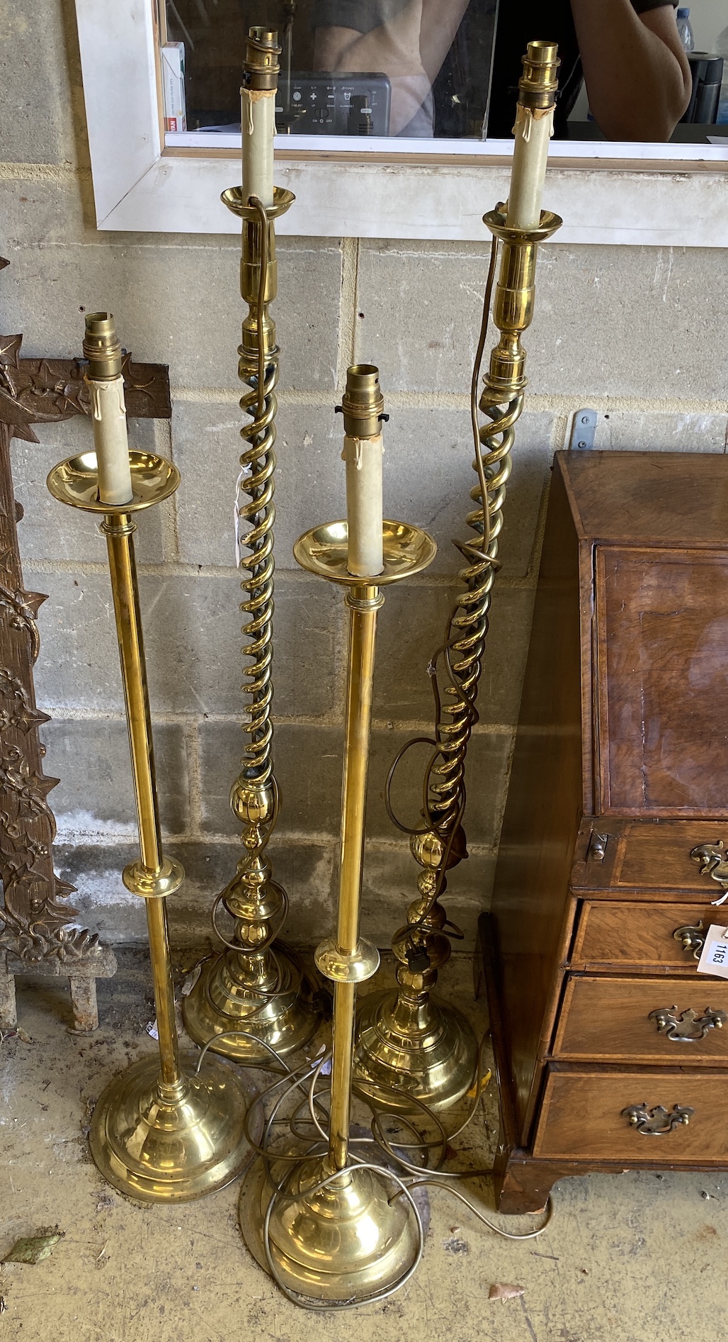 Two pairs of brass standard lamps, larger height 116cm                                                                                                                                                                      