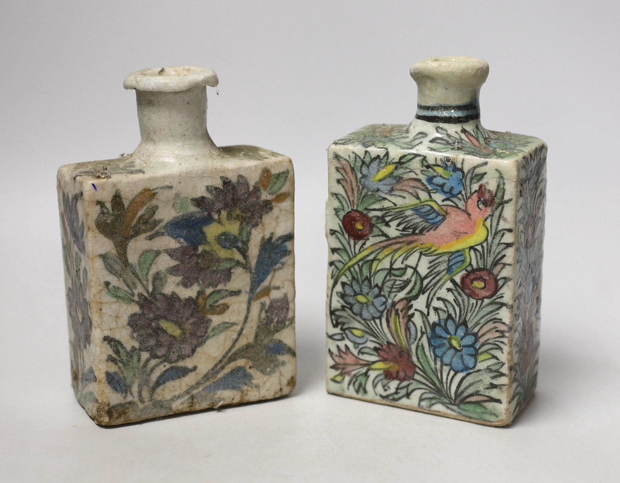 Two 19th century Persian fritware flasks, tallest 16.5cm                                                                                                                                                                    