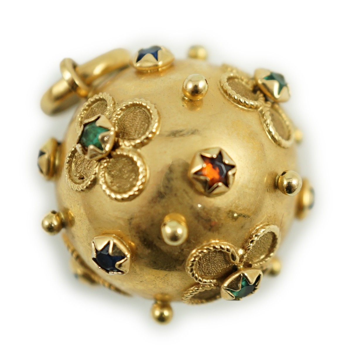 A modern Italian 750 yellow metal and gem set globular pendant, 26mm, gross weight 8.1 grams.                                                                                                                               