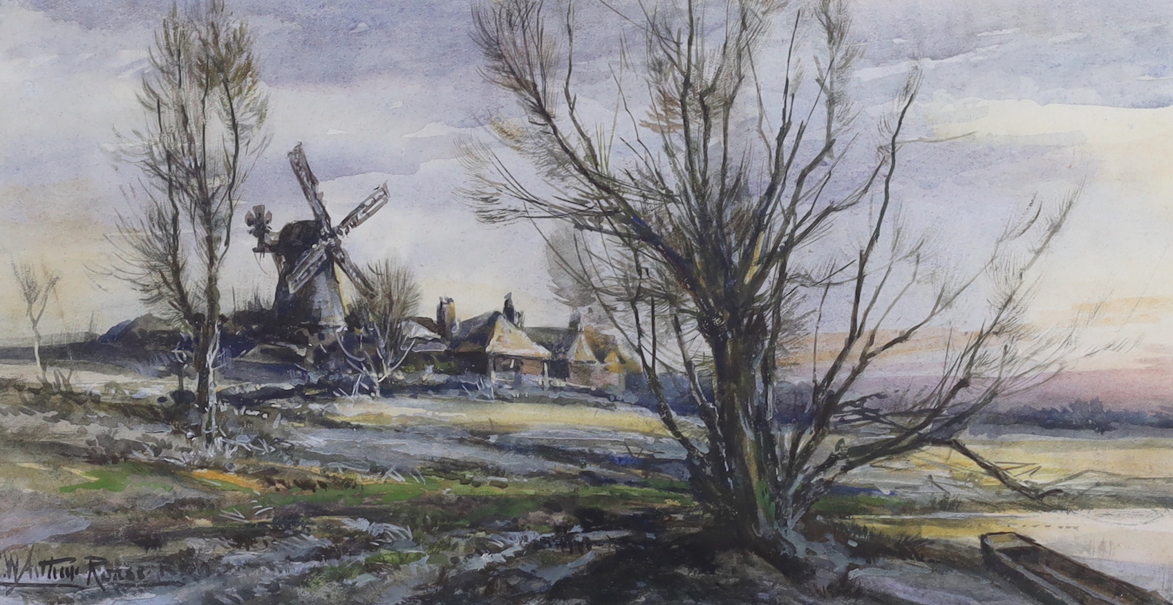 Robert William Arthur Rouse (fl.1882-1929), watercolour, Windmill in a winter landscape, signed, 15 x 28cm                                                                                                                  
