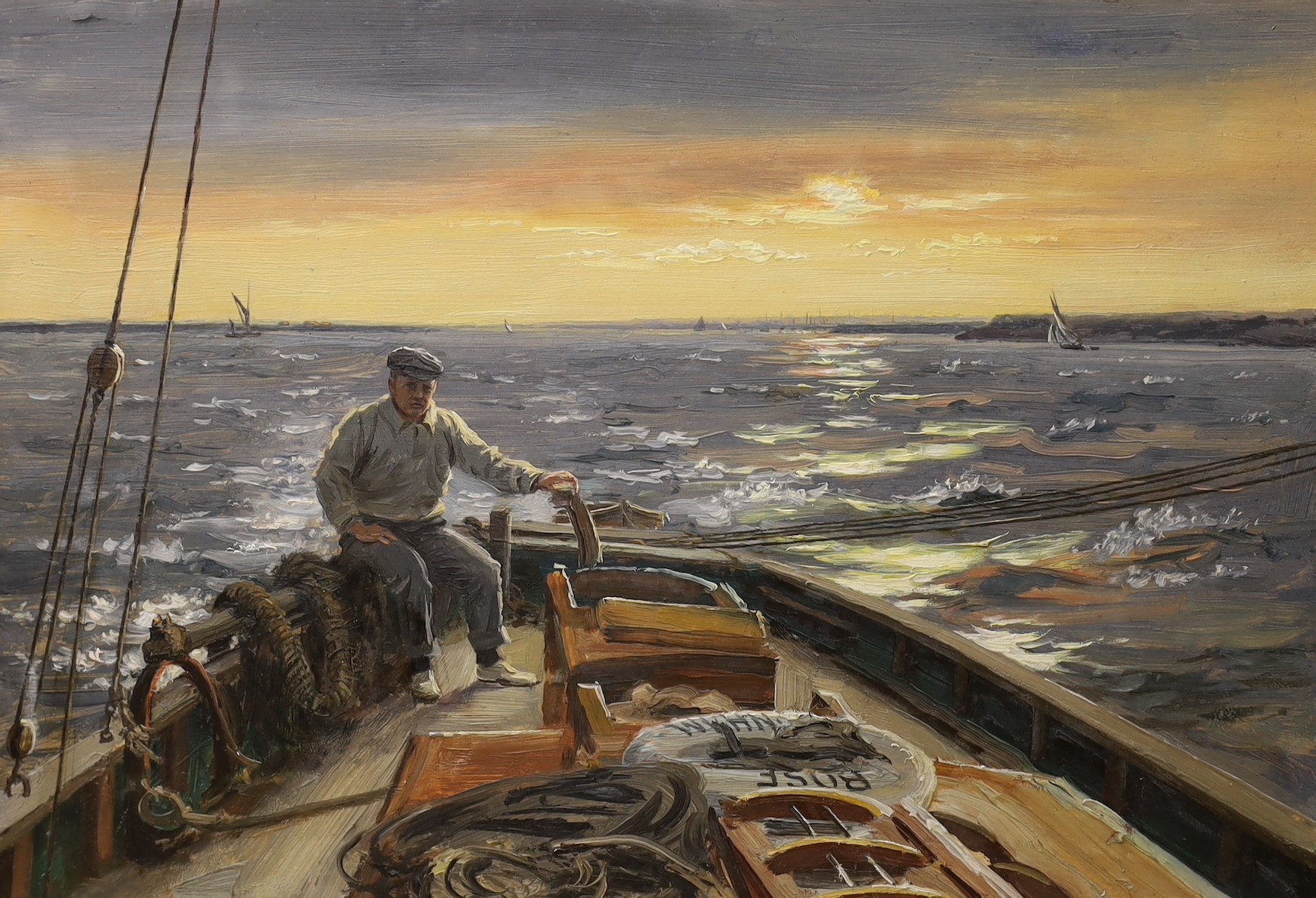 Attributed to Herbert John Everett (1876-1949), oil on card, Seaman steering a ship, 28 x 40cm                                                                                                                              