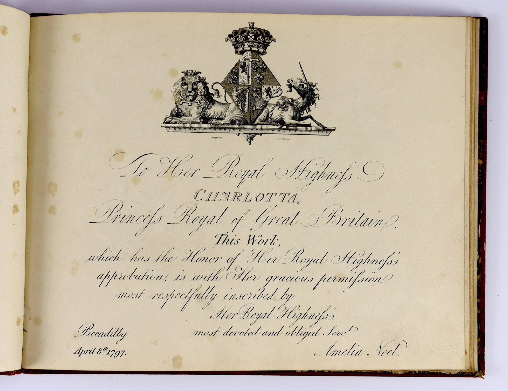 [Noel, Amelia - Views in Kent]. Part 2 only (ex4). 6 coloured etched and captioned plates within ruled borders, pictorial engraved dedication leaf; contemp. gilt-ruled red morocco with dedication lettering (to HRH. Charl